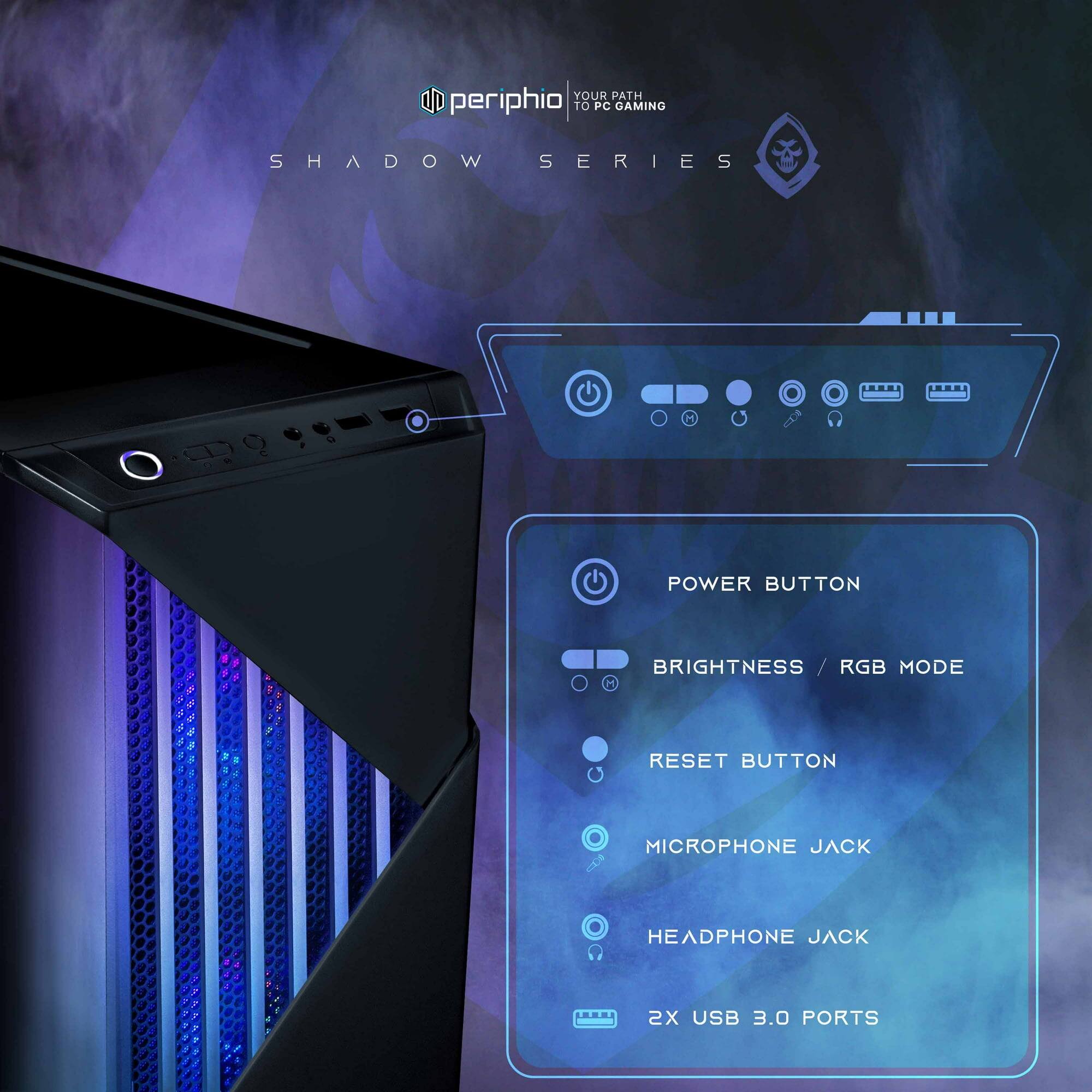 YOUR PATH TO PC GAMING

SHADOW SERIES

POWER BUTTON

BRIGHTNESS / RGB MODE

RESET BUTTON

MICROPHONE JACK

HEADPHONE JACK

2X USB 3.0 PORTS