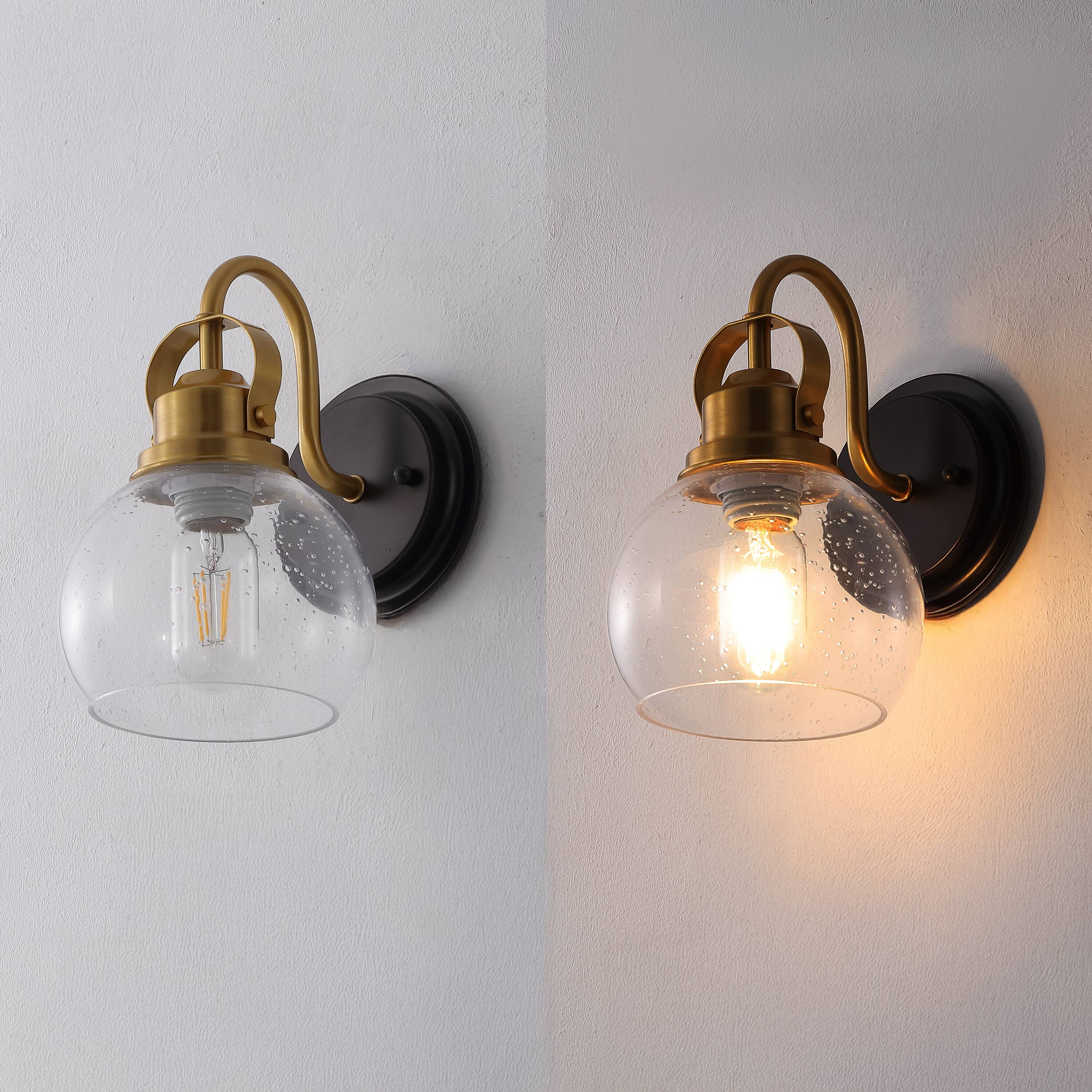 Alt View 3. Jonathan Y - Shirley 6" 1-Light Farmhouse Metal LED Vanity Light with Seeded Glass Globe Shade, Brass Gold/Oil Rubbed Bronze - Brass Gold/Oil Rubbed Bronze.