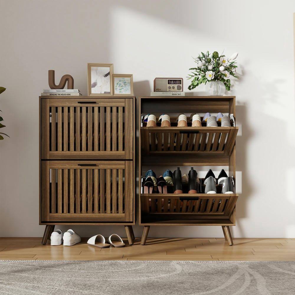 Alt View 4. Kadyn - Resenkos 23.6-Inch Modern Shoe Storage Cabinet with Adjustable Louvered Doors - Walnut - Brown.