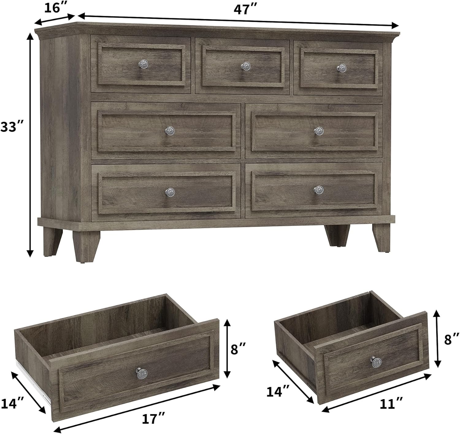 16" x 47" x 33"  
14" x 17" x 8"  
14" x 11" x 8"