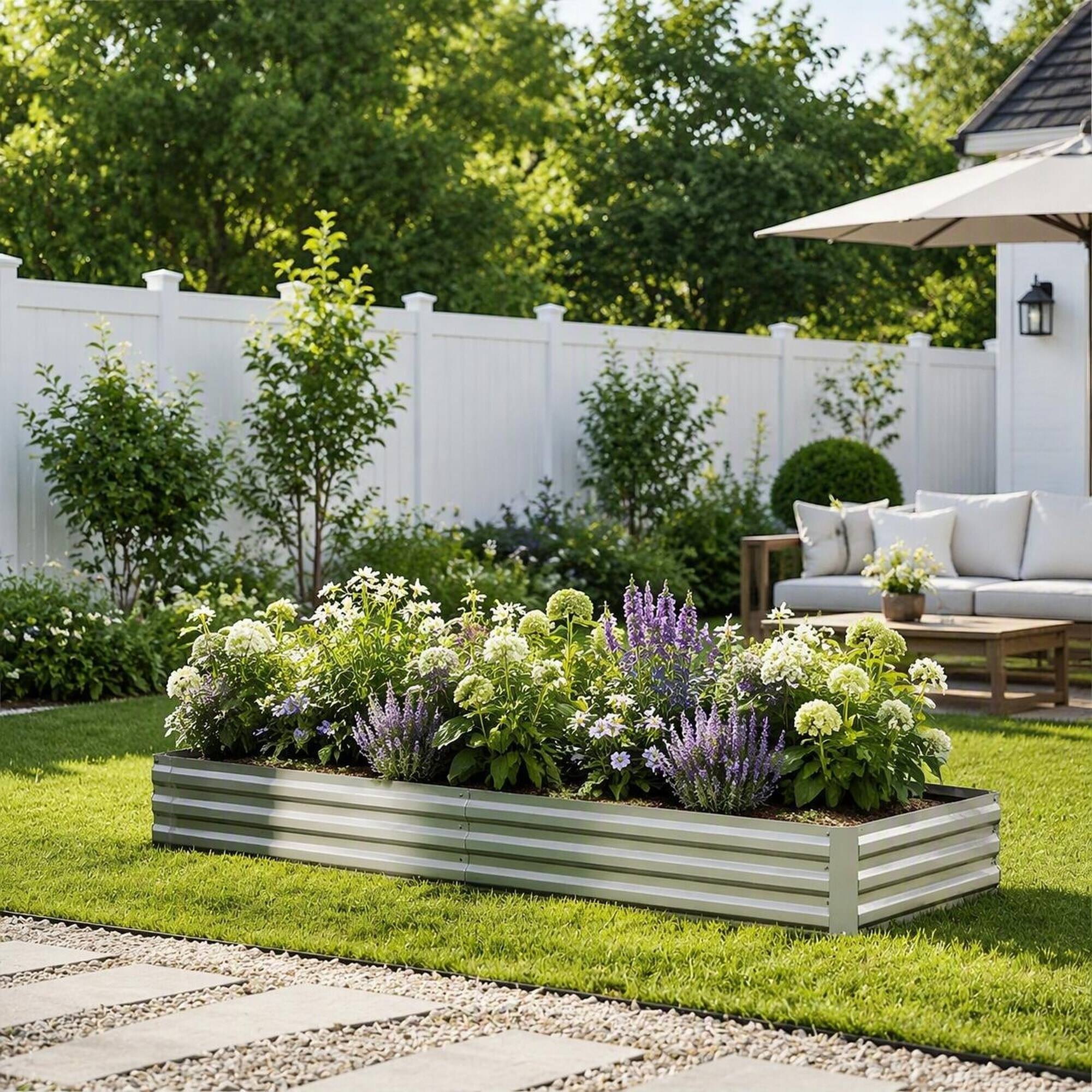 Back. RYHNUYNE - Galvanized Steel Raised Garden Bed 95x35.75x11.75 Inch Open Bottom Metal Planter Box for Vegetables Flowers Silver - Silver.