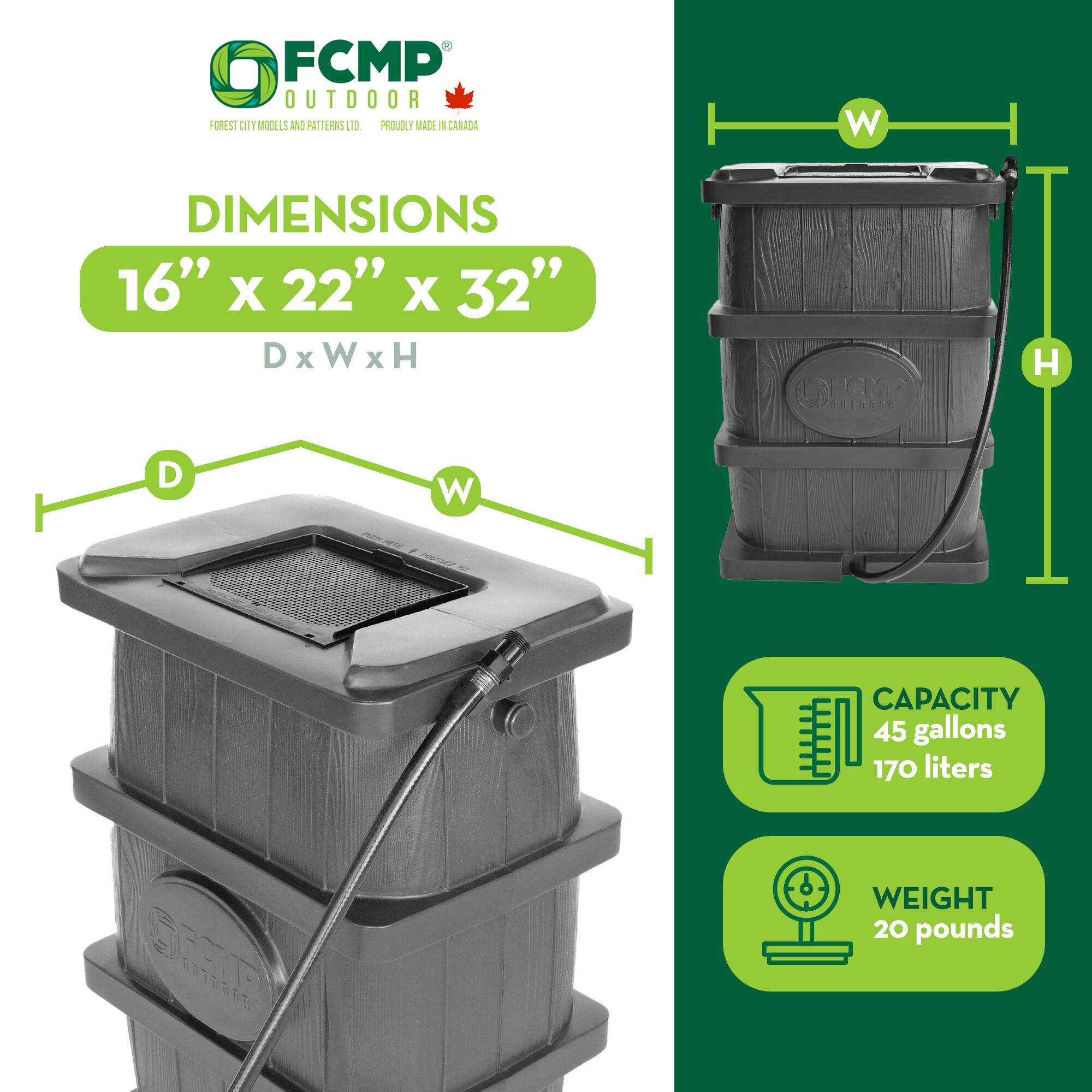 FCMP Outdoor Forest City Models and Patterns Ltd. Proudly Made in Canada

Dimensions: 16" x 22" x 32" (D x W x H)

Capacity: 45 gallons (170 liters)

Weight: 20 pounds