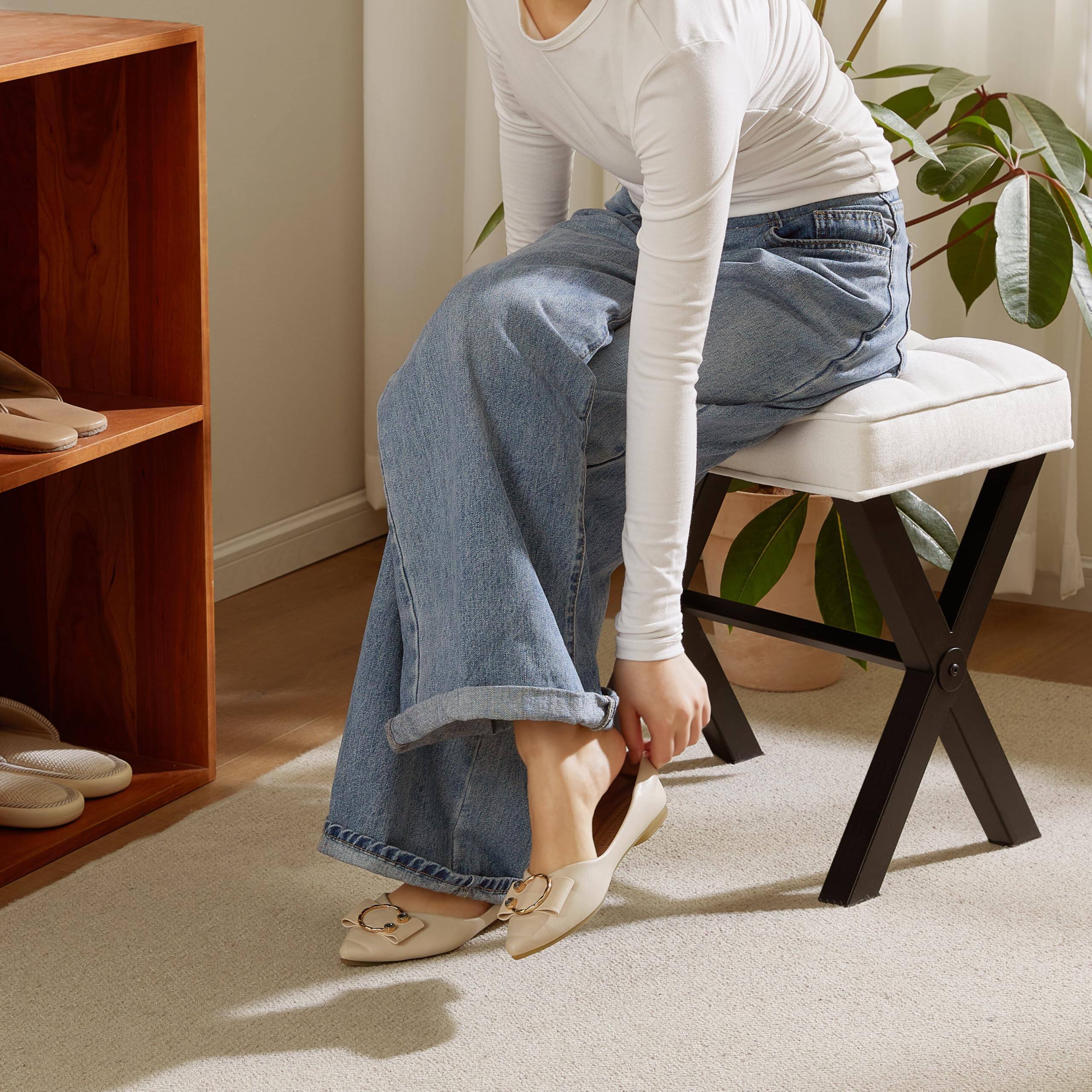 Alt View 5. JETRANSPORT - Vanity Stool Square Ottoman Foot Rest Upholstered Chair Metal Small Seat Entryway Bedroom Living Room - White+black.