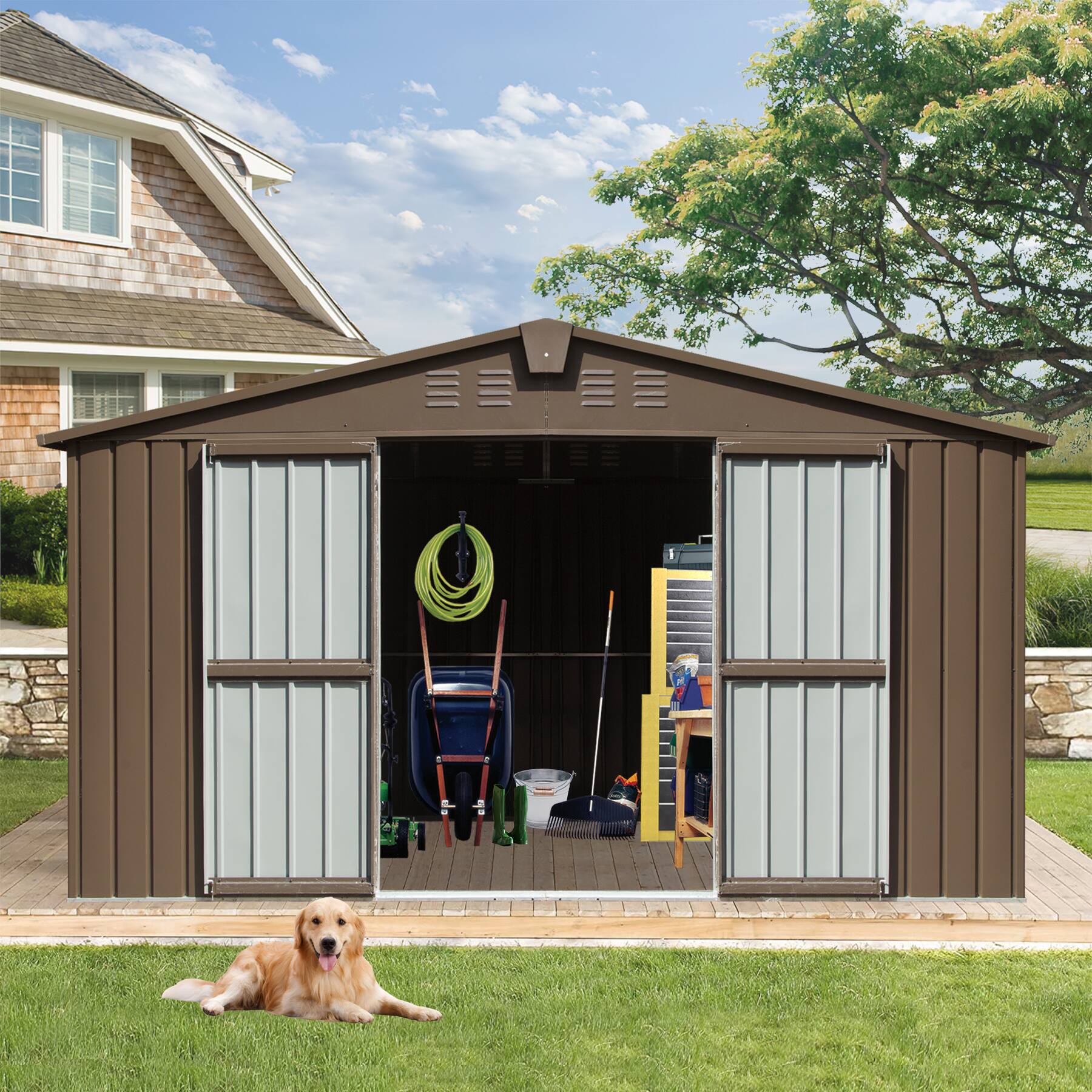 Left. Mondawe - 11x12.5FT Metal Garden Storage Shed with Windows and Lockable Door - Brown.