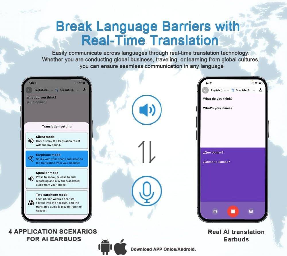 Break Language Barriers with Real-Time Translation

Easily communicate across languages through real-time translation technology. Whether you are conducting global business, traveling, or learning from global cultures, you can ensure seamless communication in any language.

14:29  
English (U.S.)  
Spanish (S.)  
What do you think?  
¿Qué opinas?

Translation setting  
- Silent mode: Only display the translation result without any sound.  
- Earphone mode: Speak with your phone and listen to the translation from your headset.  
- Speaker mode: Press to speak, release to end recording and play the translated audio from your phone.  
- Two earphone mode: Each person wears a headset, speaks into the headset, and the translated audio is played from the headset.

14:31  
English (U.S.)  
Spanish (S.)  
What do you think?  
¿Qué opinas?  
What's your name?  
¿Cómo te llamas?

4 APPLICATION SCENARIOS FOR AI EARBUDS

Real AI translation Earbuds  
Download APP Onios/Android.