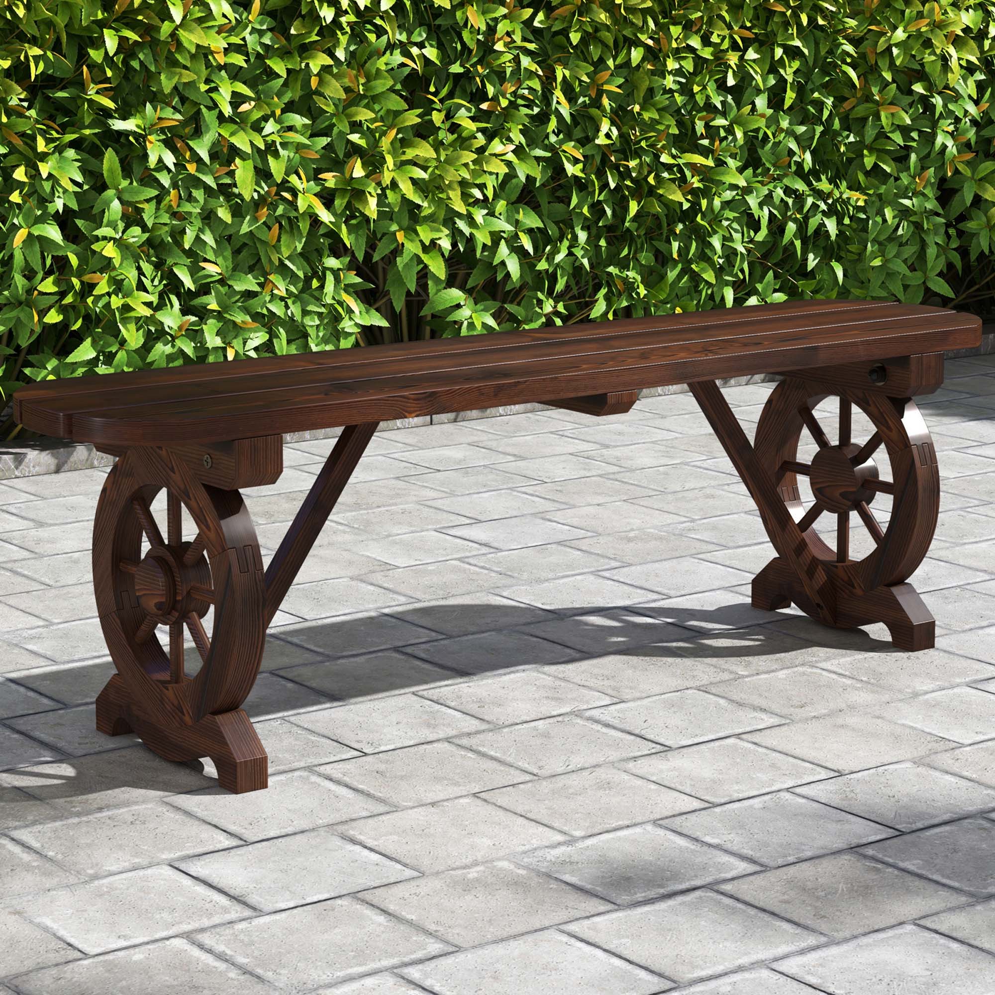 Alt View 1. Costway - Patio Rustic Wood Bench with Wagon Wheel Base Slatted Seat Design 710 LBS Max Load - Natural.