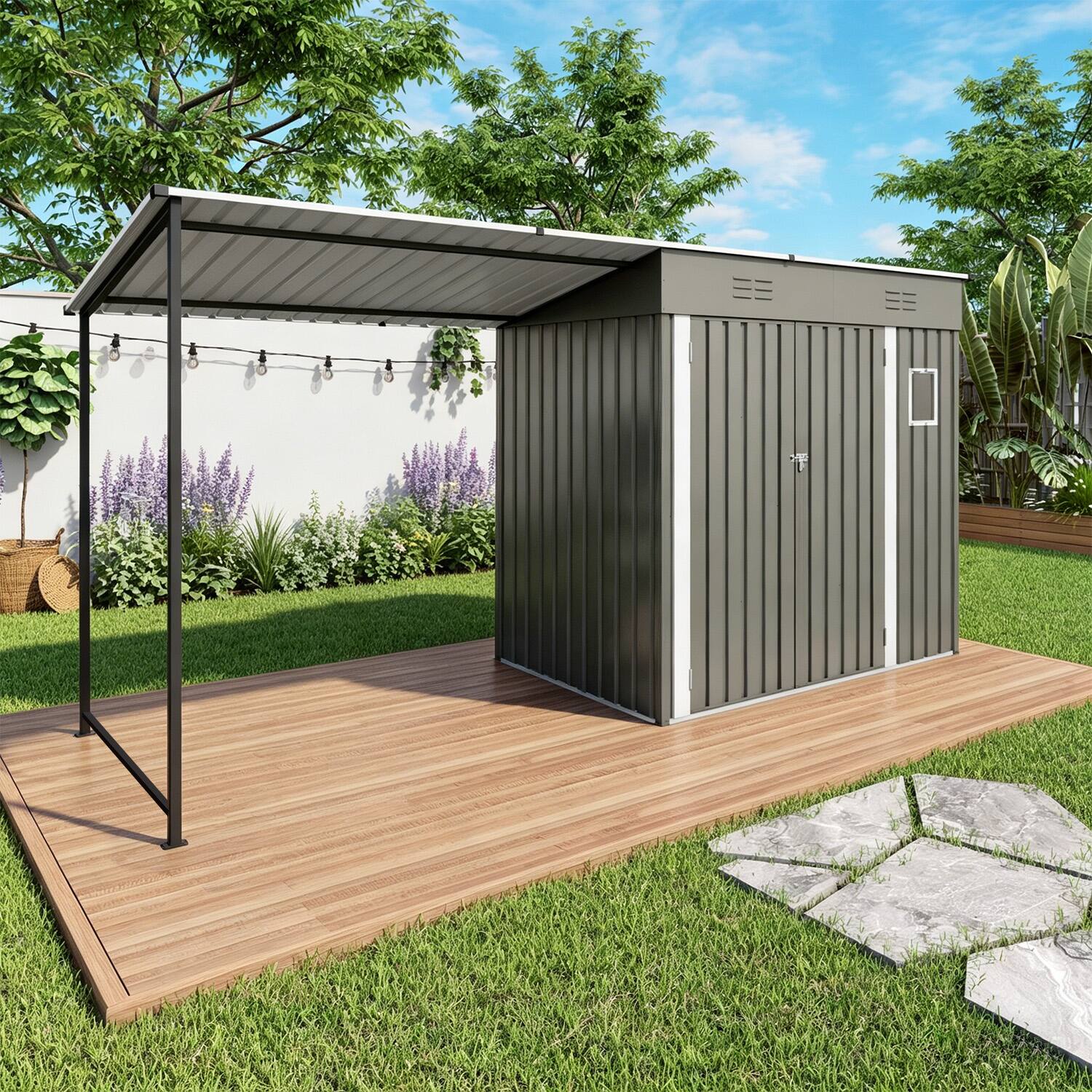 Alt View 8. Loheer - Loheer 12x4ft Metal Lean to Shed with Pergola and Attached Hardtop Gazebo Combo.