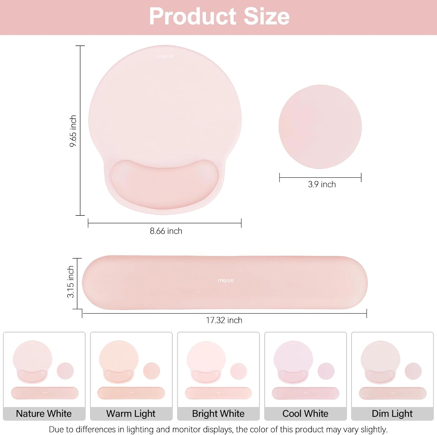Product Size: 9.65 inch, 3.9 inch, 8.66 inch, 3.15 inch, 17.32 inch  
Nature White, Warm Light, Bright White, Cool White, Dim Light  
Due to differences in lighting and monitor displays, the color of this product may vary slightly.