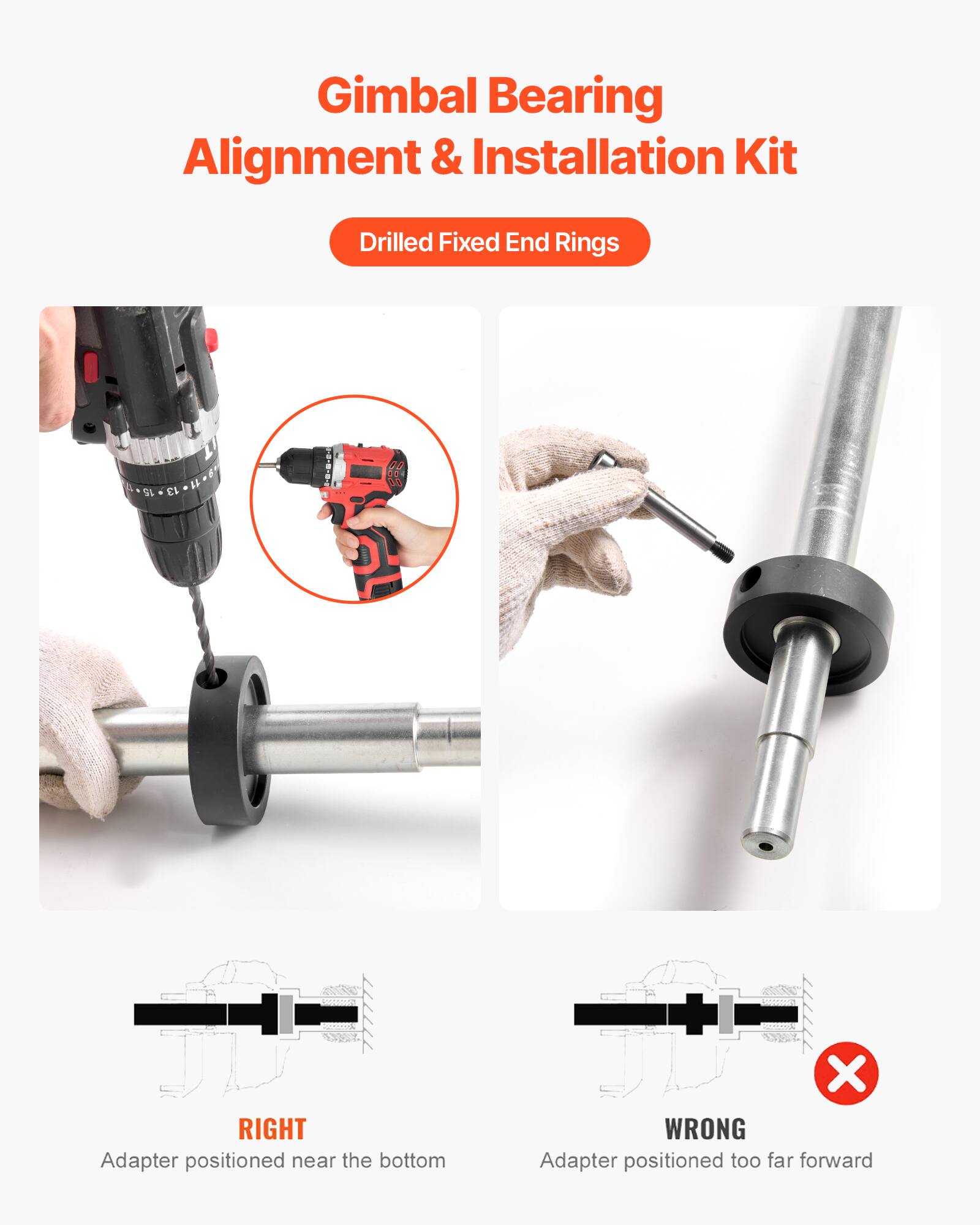 Gimbal Bearing Alignment & Installation Kit  
Drilled Fixed End Rings  

RIGHT  
Adapter positioned near the bottom  

WRONG  
Adapter positioned too far forward