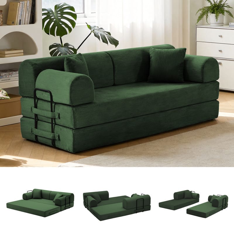 ATOPSUN - Corduroy Convertible Sleeper Sofa Bed, Floor Couch w/ Fixed‑Shape Frame for Living Room & Bedroom - Green