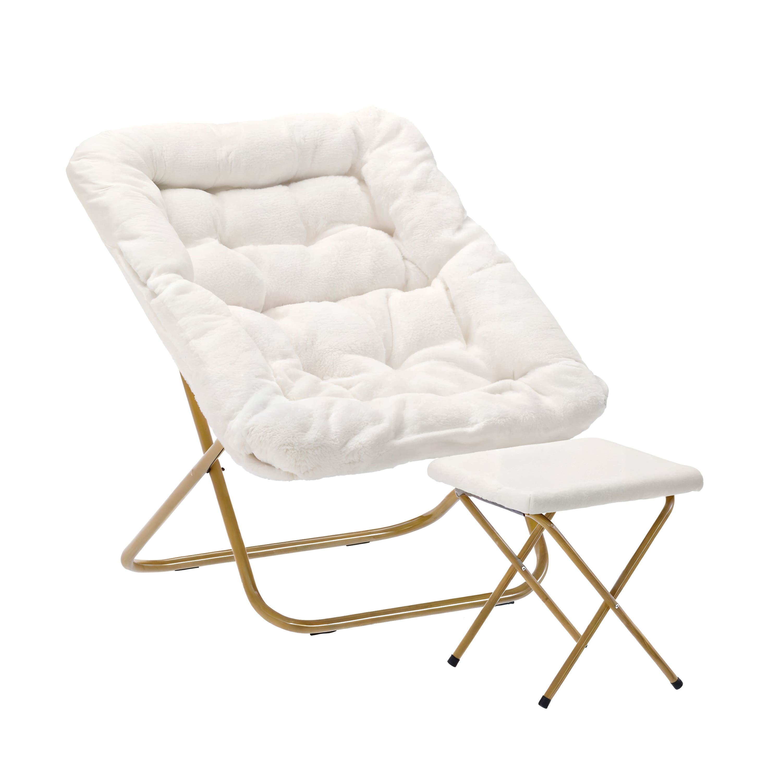 Emma + Oliver - Aisling Oversized Folding Saucer Chair and Ottoman for Dorm, Bedroom - Ivory Faux Shearling Fabric/Soft Gold Frame