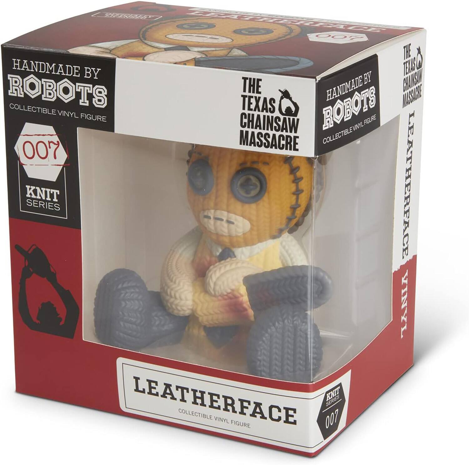 The text on the image is: "Handmade by Robots, Collectible Vinyl Figure, The Texas Chainsaw Massacre, Leatherface, Knit Series 007."