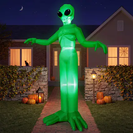 Front. Joyfy - 9FT Giant Alien Inflatable Halloween Decoration – Built-in LEDs for Indoor, Outdoor, Yard, Garden & Lawn Party Displays - green.