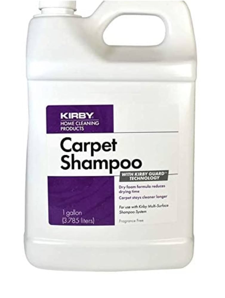 KIRBY HOME CLEANING PRODUCTS  
Carpet Shampoo  
WITH KIRBY GUARD TECHNOLOGY  

Dry foam formula reduces drying time  
Carpet stays cleaner longer  

1 gallon (3.785 liters)  

For use with Kirby Multi-Surface Shampoo System  
Fragrance Free
