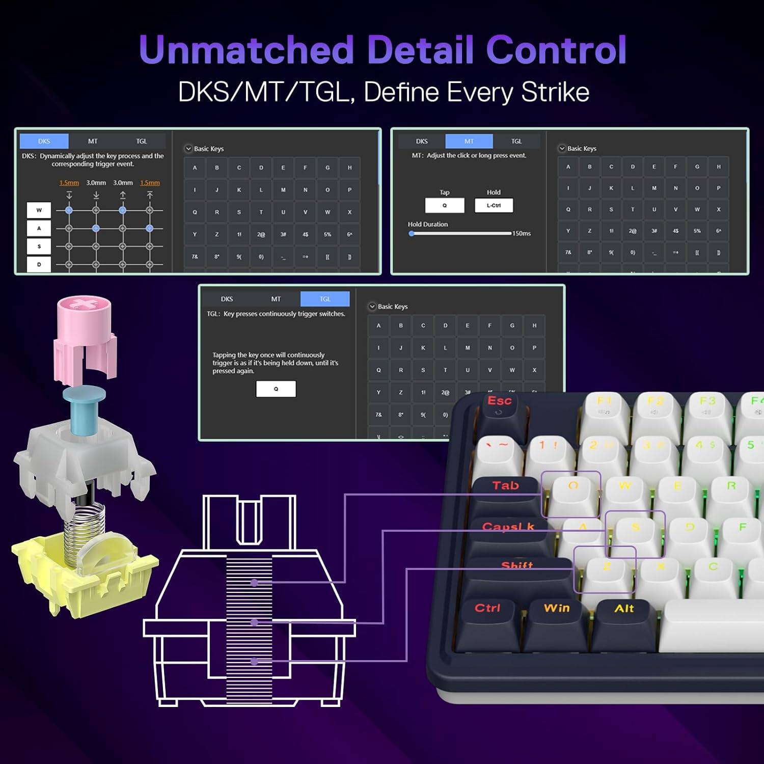 Unmatched Detail Control  
DKS/MT/TGL, Define Every Strike

DKS: Dynamically adjust the key process and the corresponding trigger event.

Basic Keys  
A B C D E F G H I J K L M N O P Q R S T U V W X Y Z

DKS MT TGL MT: Adjust the click or long press event.

Basic Keys  
A B C D E F G H I J K L M N O P Q R S T U V W X Y Z

1.5mm 3.0mm 3.0mm 1.5mm  
| 0 Y  
1 OF 2  
K 5 5  
L I I  
5 Y  
D II 5%  
F ,  
Tap 0 Hold Duration  
Hold 150ms  
1 2  
1 I  
( $  
: I  
: 5 V 45  
IN 5%  
1 :  
I :  
74  
r  
K  
IN

DKS MT TGL TGL: Key presses continuously trigger switches.

Basic Keys  
A B C D E F G H I J K L M N O P Q R S T U V W X Y Z

