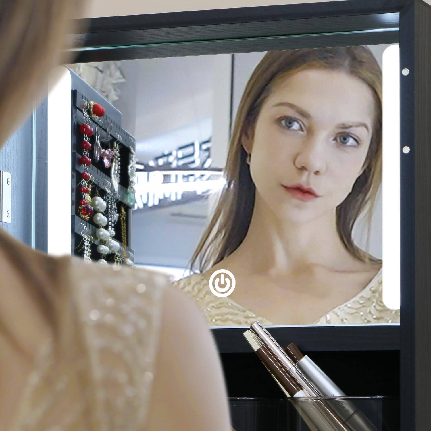 Left. Cedar Assembly - Full Length Mirror Jewelry Cabinet Standing With Built-In Mirror - 63.7 H Jewelry Armoire With Mirror 3 D... - Black 63.7*15.7.