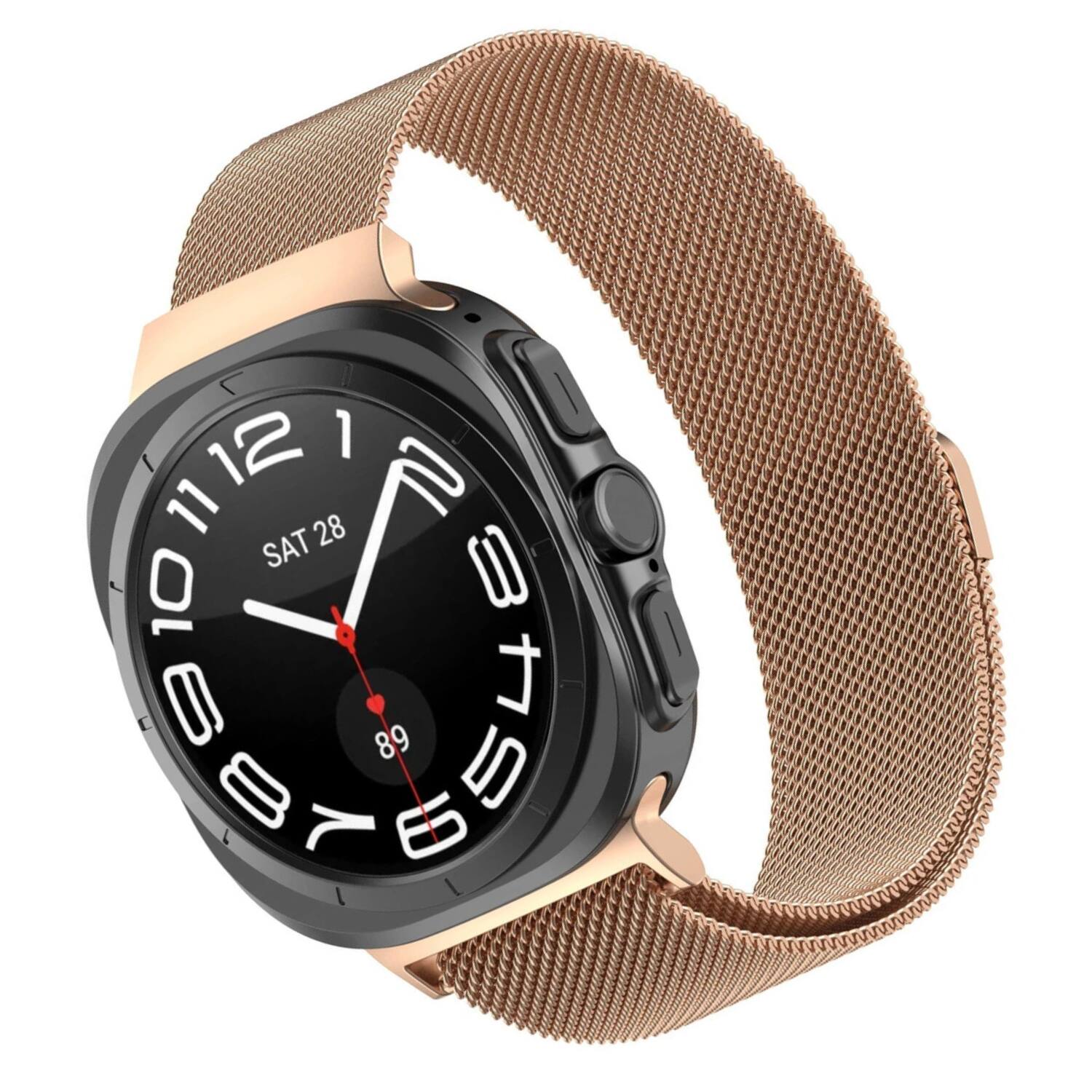 Left. Stock Preferred - Mesh Stainless Steel Band for Samsung Galaxy Watch Ultra 47mm - RoseGold - Rose Gold.