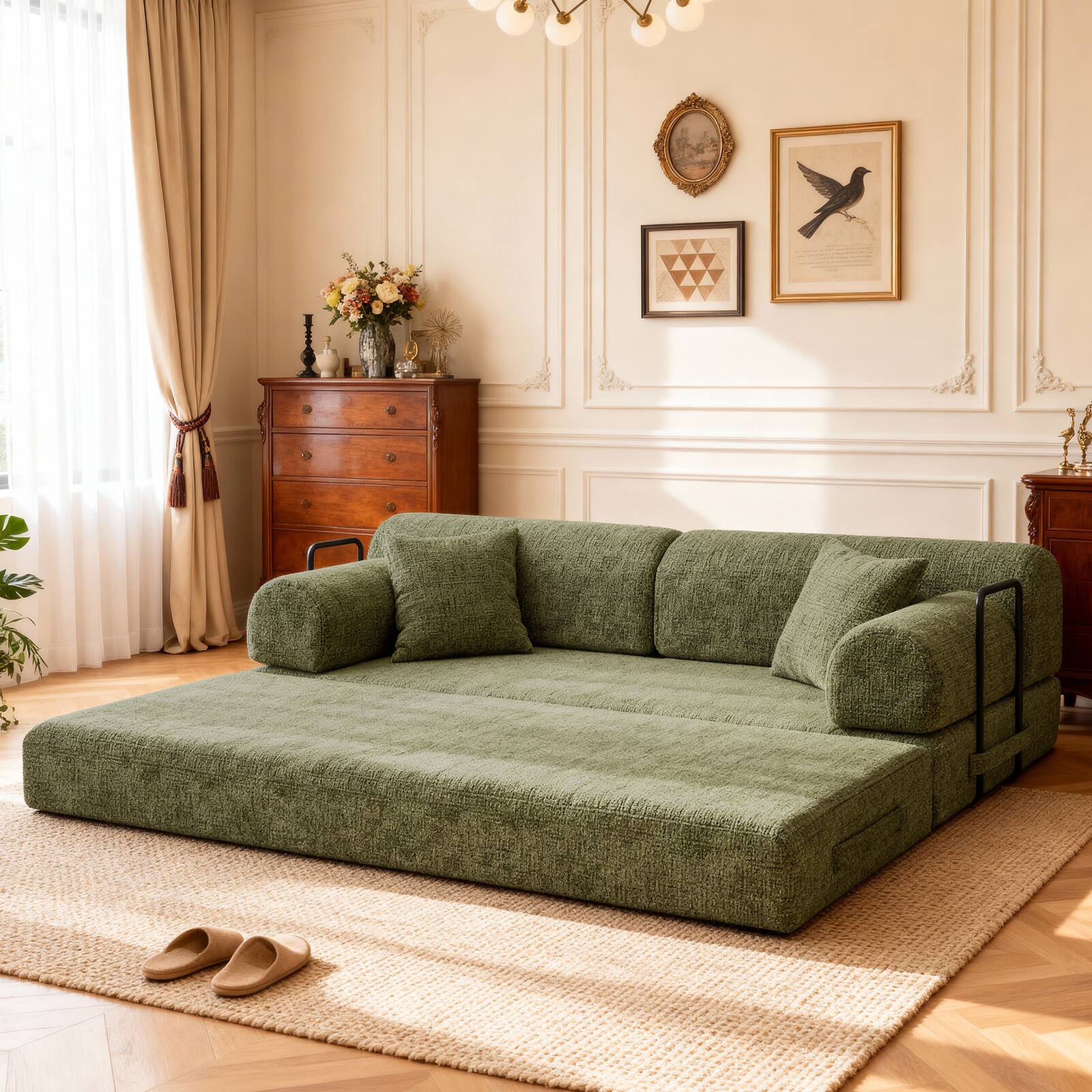 Back. Anysun - Two-Tone Convertible Sleeper Sofa Bed - Folding Mattress Couch with Fixed Frame for Living Room & Bedroom. - Moss Green.