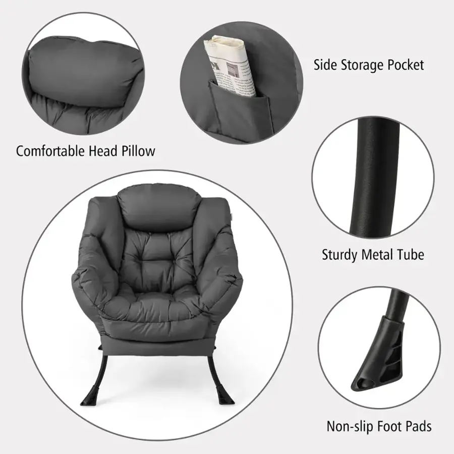 Side Storage Pocket, Comfortable Head Pillow, Sturdy Metal Tube, Non-slip Foot Pads.