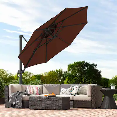 brown offset patio umbrella Mojia 10x10 FT Square Cantilever with Solar LED Lights and Cross Base, 360 Rotation Large Heavy Duty Outdoor Umbrella with Easy Tilt for Pool Backyard Deck Garden offset hanging umbrella provides 64 sq Outsunny 11ft Cantilever Patio Umbrella