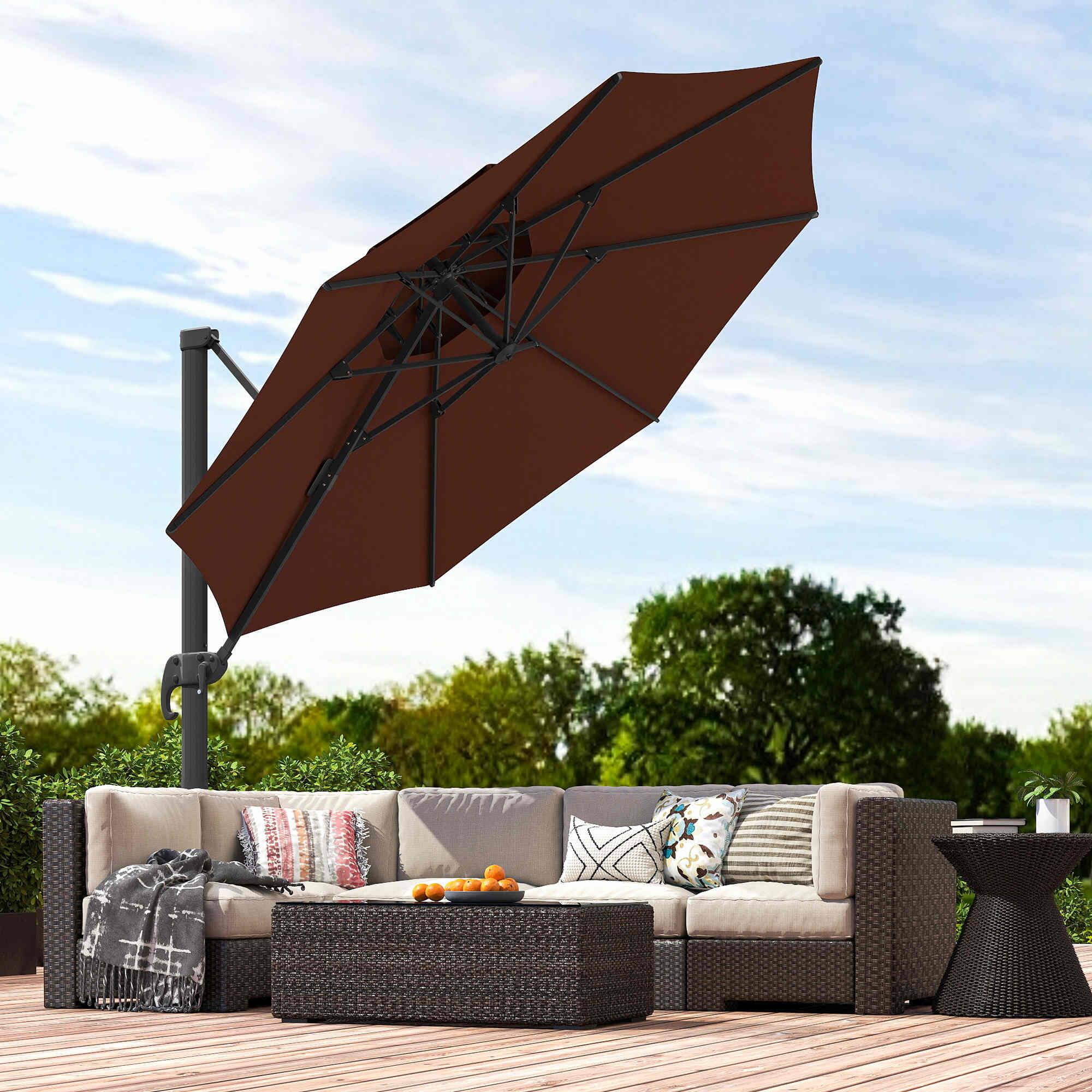 Alt View 7. Outsunny - 11ft Cantilever Patio Umbrella with Base, Double Top Hanging Aluminum Offset Umbrella with 360° Rotation, Easy Tilt - Brown.