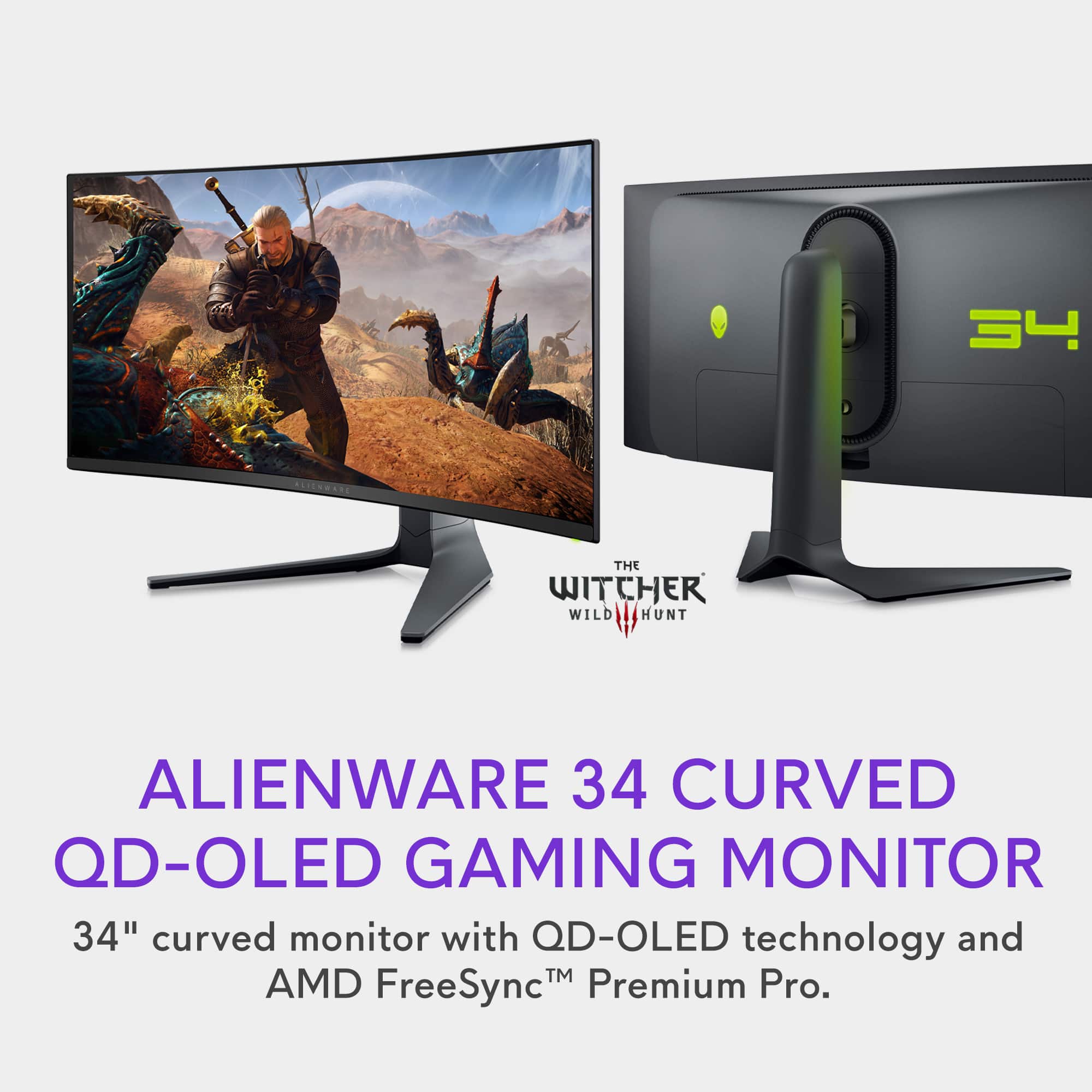 Alienware 34 Curved QD-OLED Gaming Monitor: 34" curved monitor with QD-OLED technology and AMD Premium Pro. FreeSync.