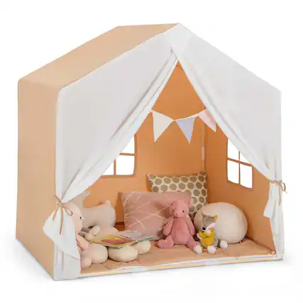 Front. Costway - Costway Kid's Play Tent Toddler Playhouse Castle Solid Wood Frame with Washable Mat - Orange.