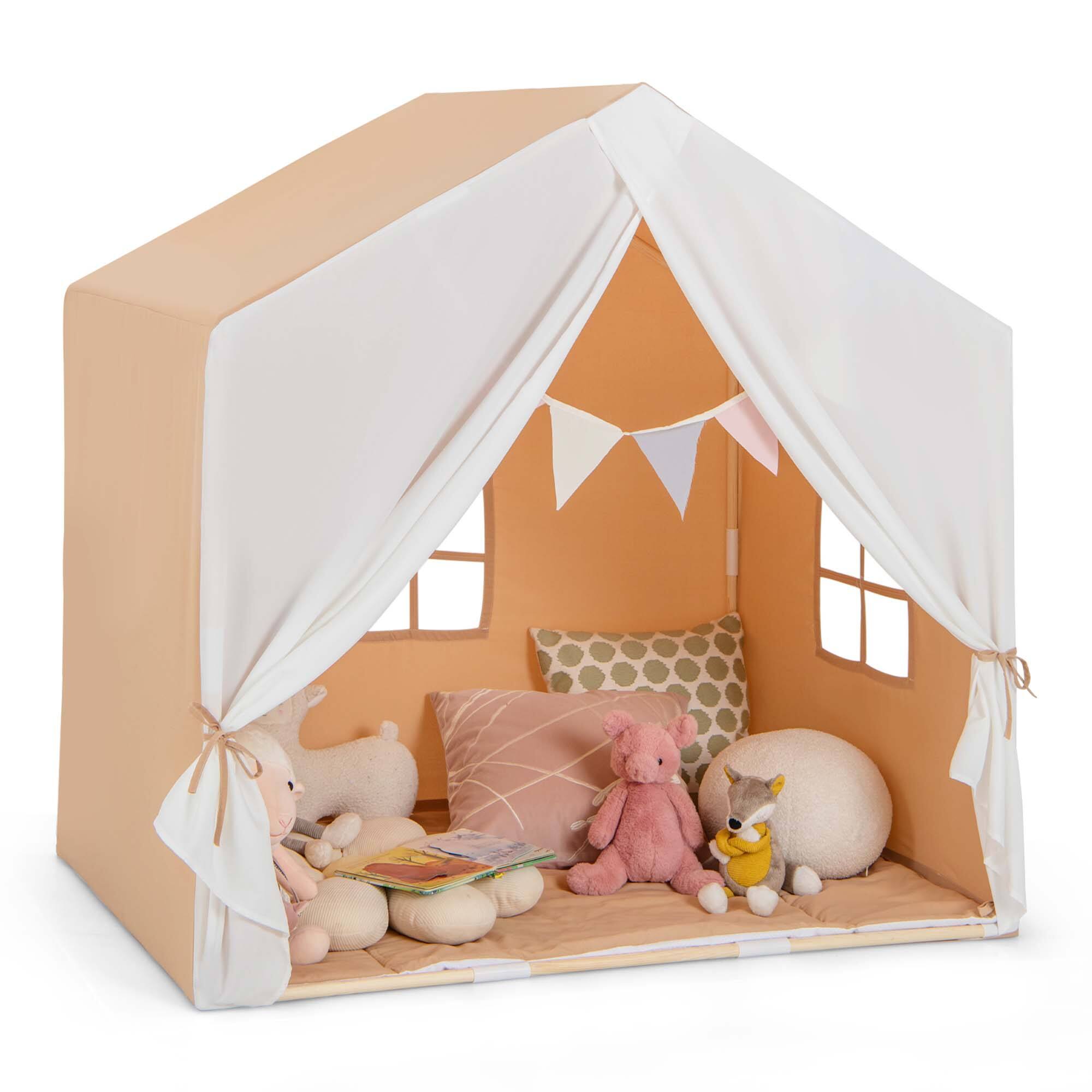 Front. Costway - Costway Kid's Play Tent Toddler Playhouse Castle Solid Wood Frame with Washable Mat - Orange.