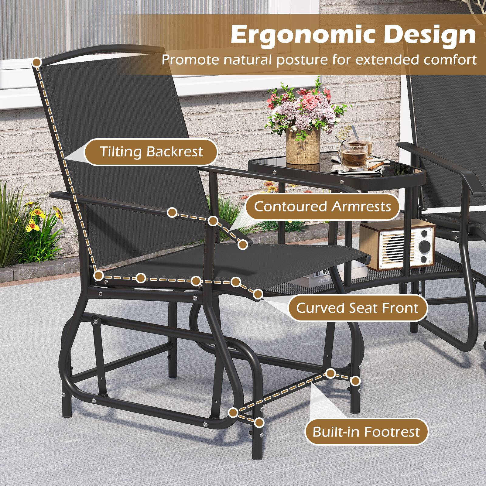 Ergonomic Design  
Promote natural posture for extended comfort  
- Tilting Backrest  
- Contoured Armrests  
- Curved Seat Front  
- Built-in Footrest