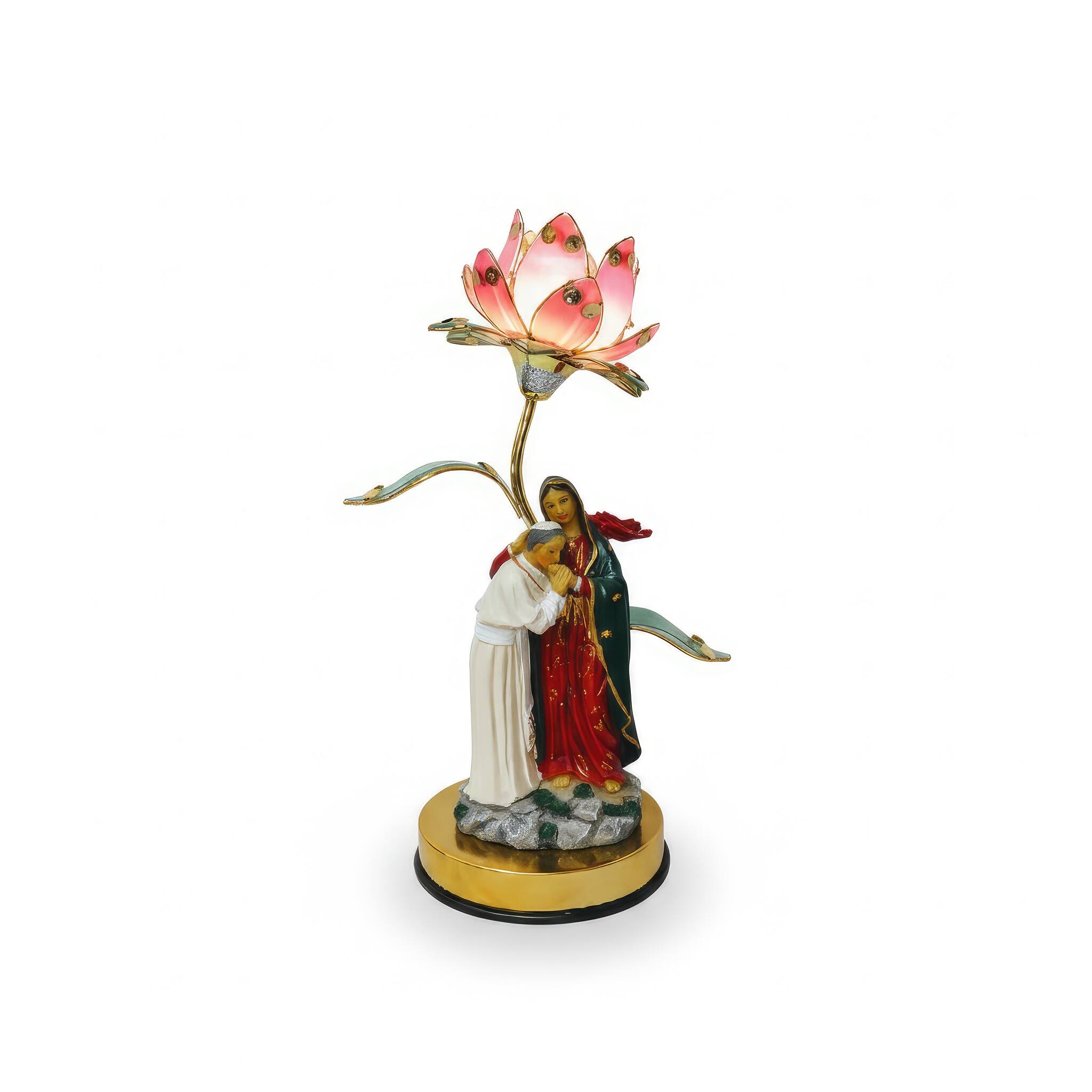 Angle. FC Design - 16"H Pink Vintage Style Lotus Flower with Saint and Mary Figurine Touch Lamp.