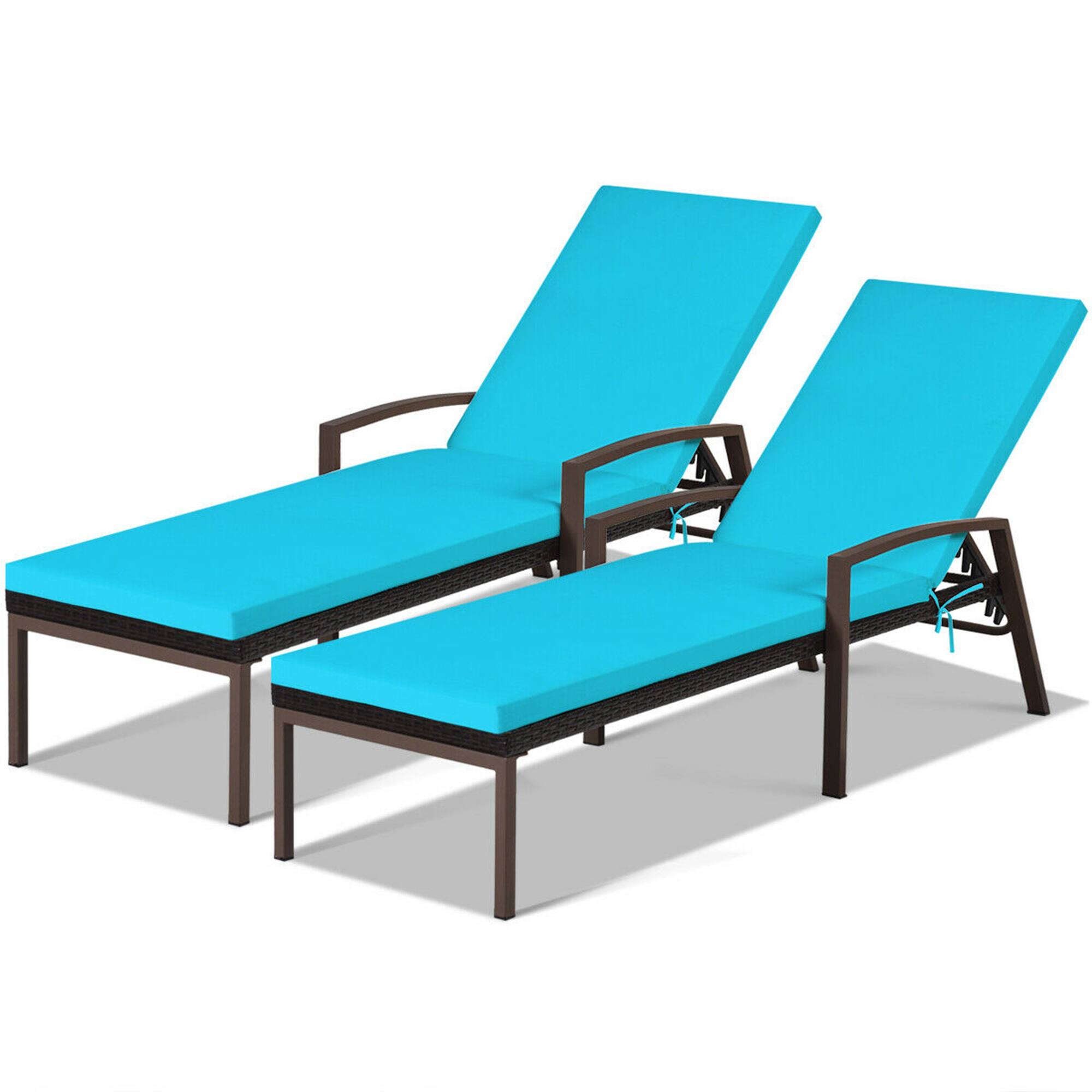 Alt View 2. Gymax - Gymax 2PCS Adjustable Patio Rattan Chaise Recliner Lounge Chair w/ Turquoise Cushion - as pic.