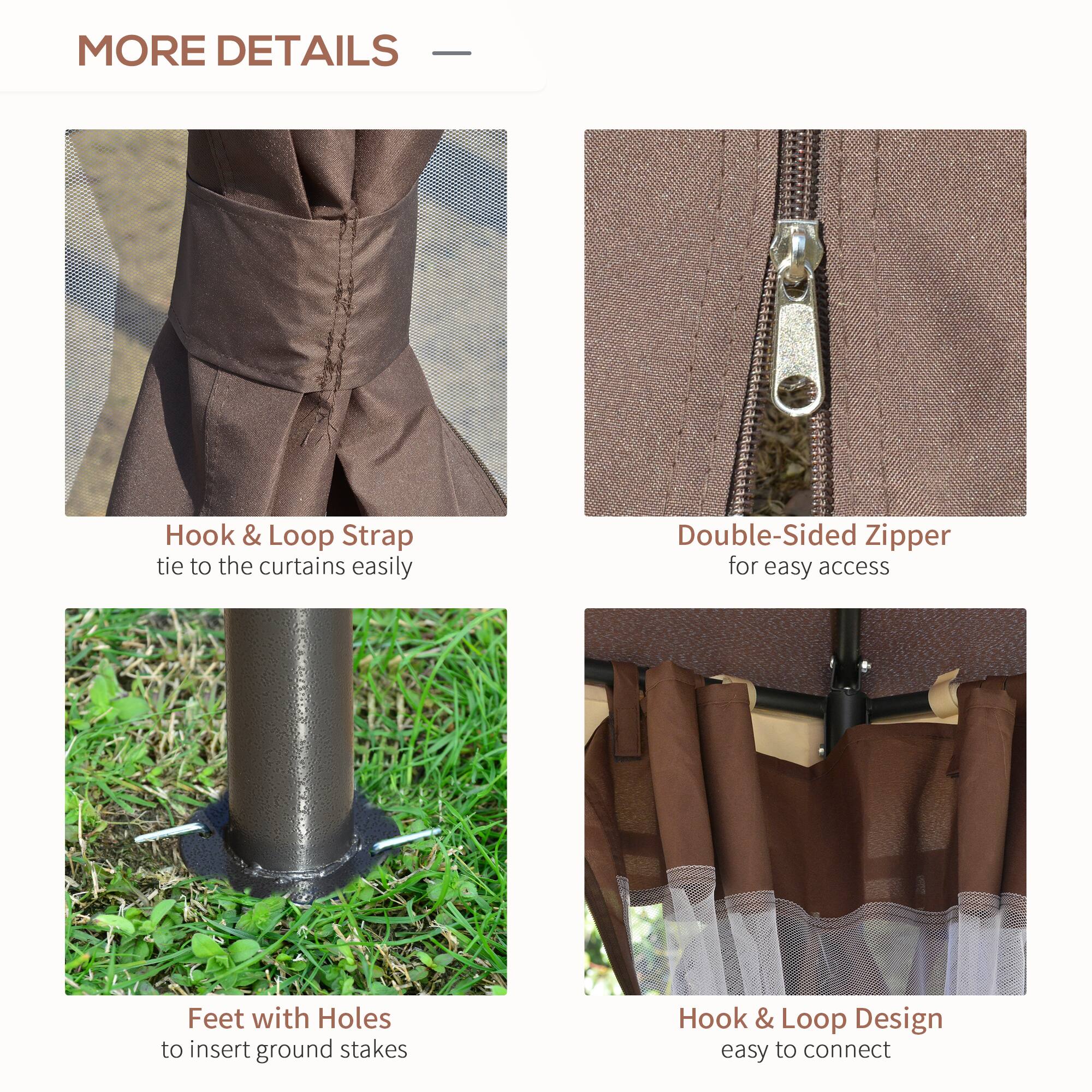 MORE DETAILS - Hook & Loop Strap tie to the curtains easily, Double-Sided Zipper for easy access, Feet with Holes to insert ground stakes, Hook & Loop Design easy to connect