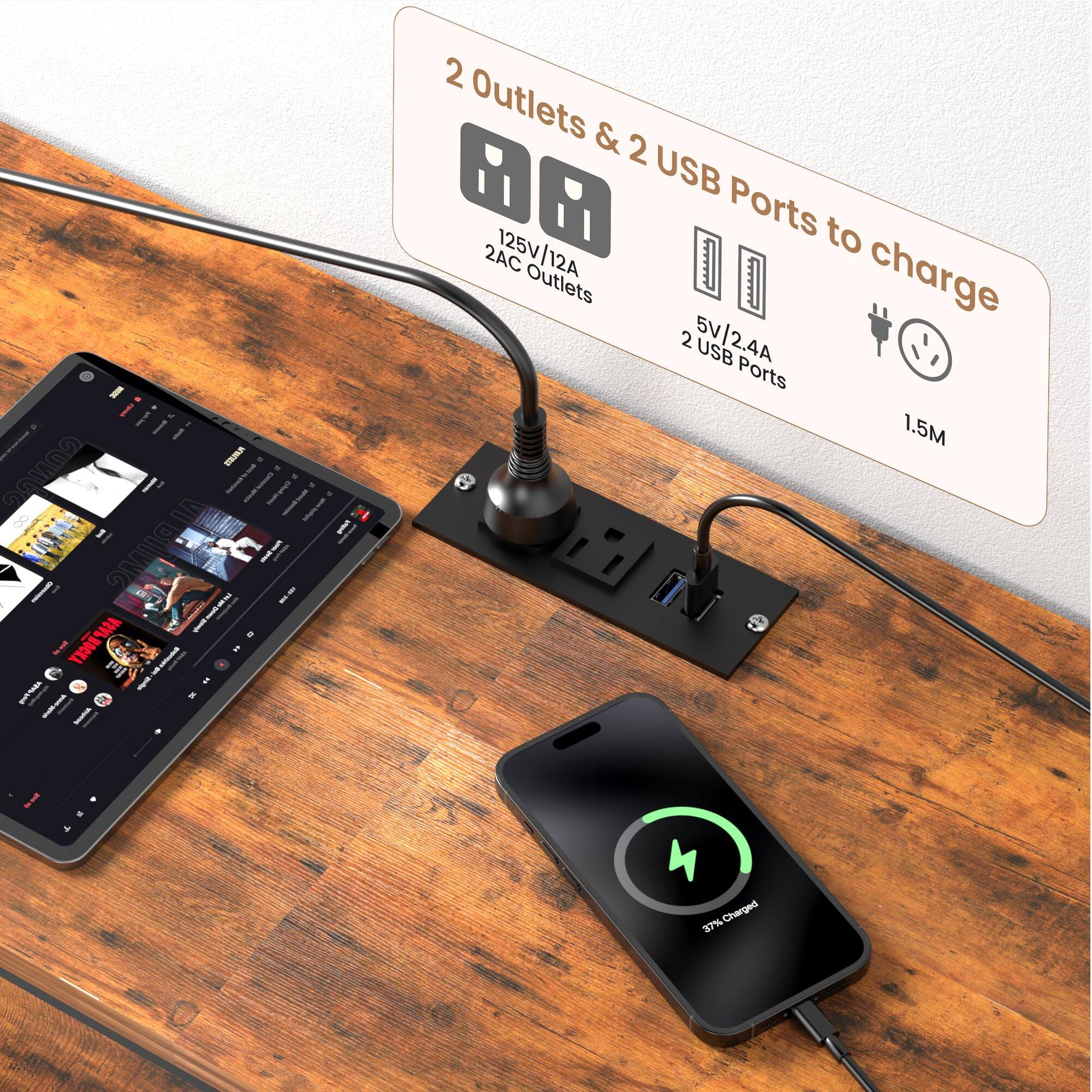 2 Outlets & 2 USB Ports to charge  
125V/12A 2AC Outlets  
5V/2.4A 2 USB Ports  
1.5M  
37% Charged