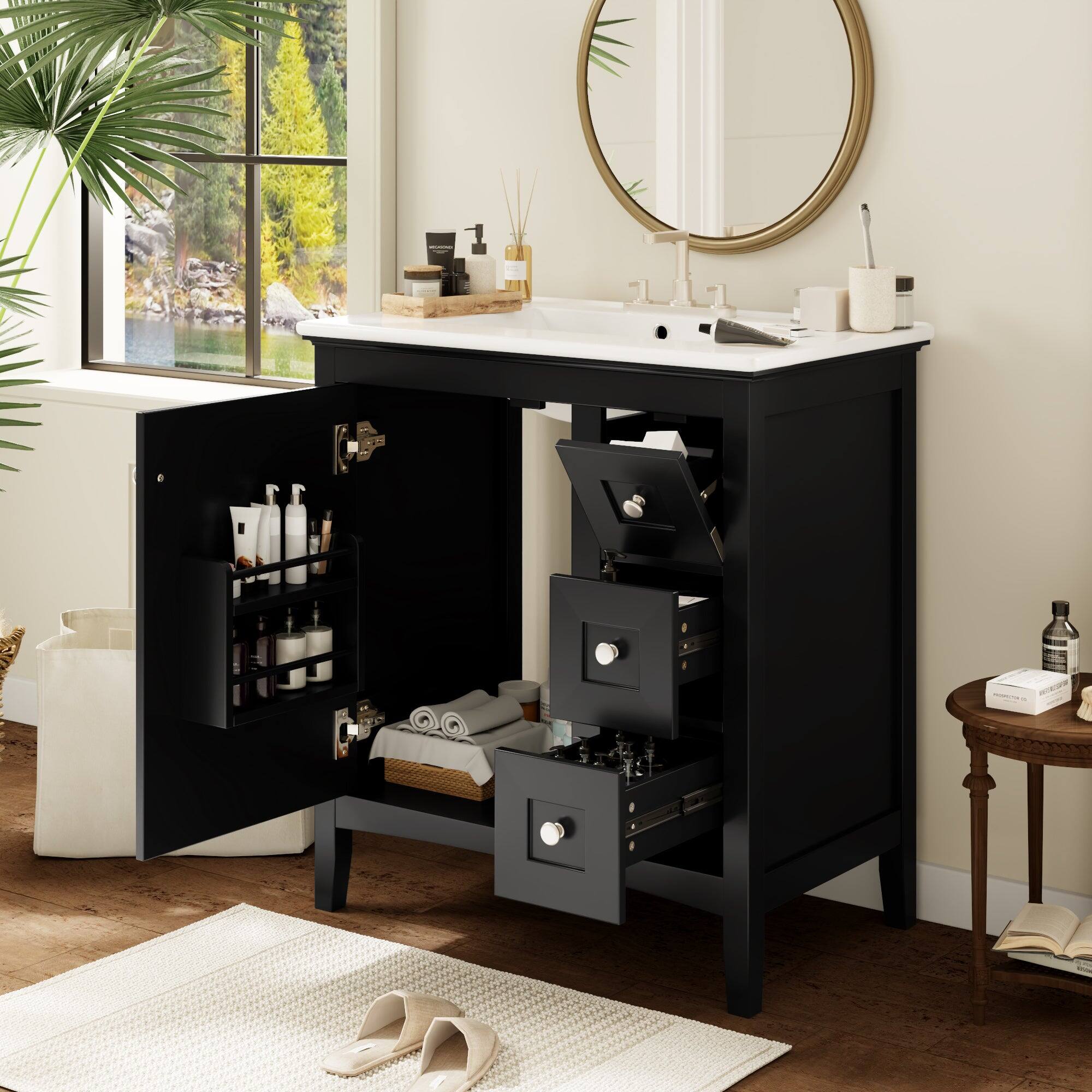 Alt View 3. Boyel Living - 30 Inch Bathroom Vanity with Ceramic Sink Three Drawers Black - Black.