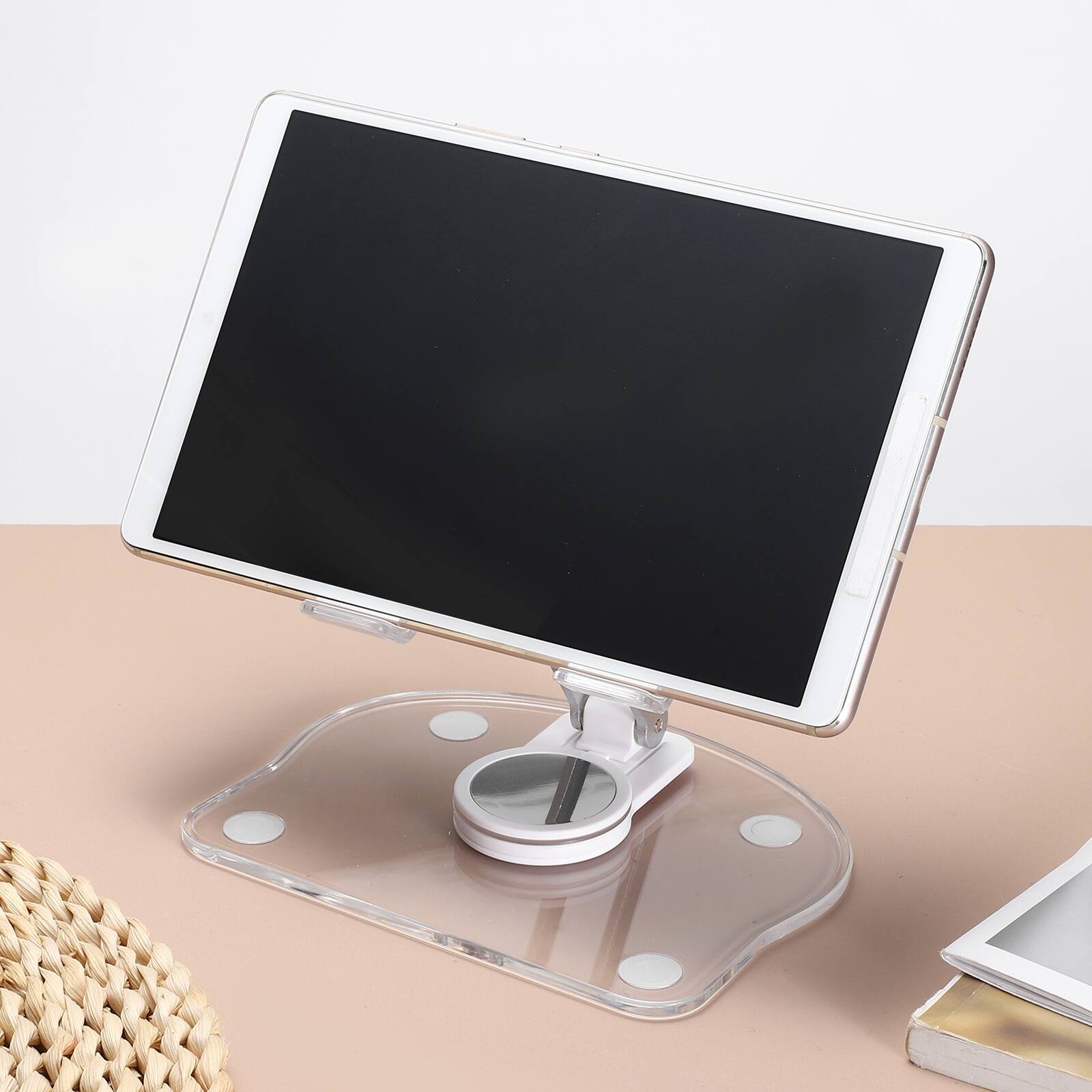 Alt View 5. Unique Bargains - Acrylic Tablet Stand - Adjustable, Foldable, Portable, Clear, 360° Rotating Base, for Desk/Home/Office, Women Gift - White.