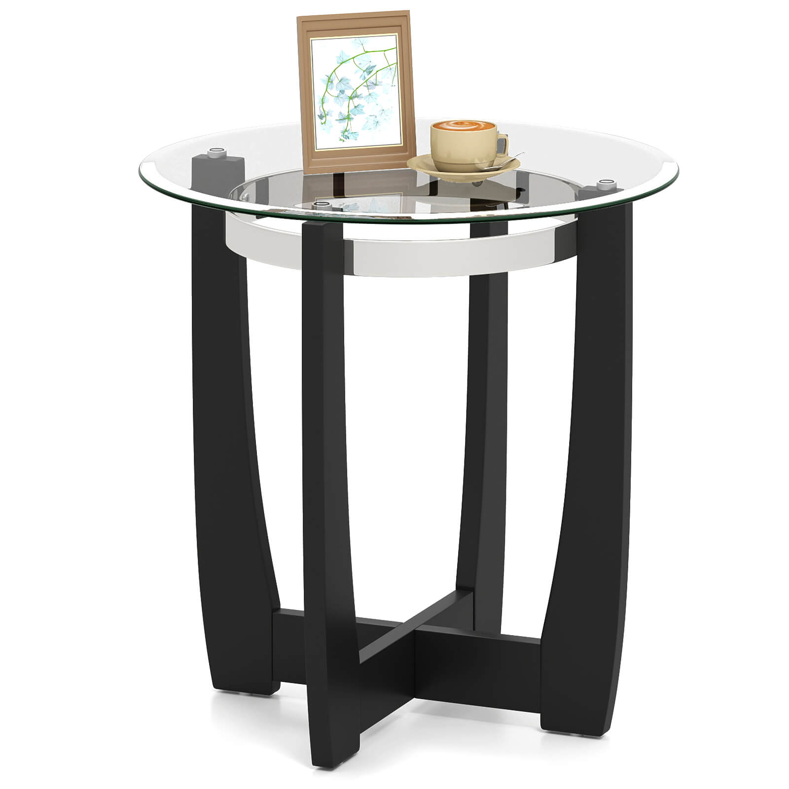 Alt View 9. Costway - Costway 1 PCS 24" Round Side Table Glass End Table with Tempered Glass Top Cross - Transparent & Black.