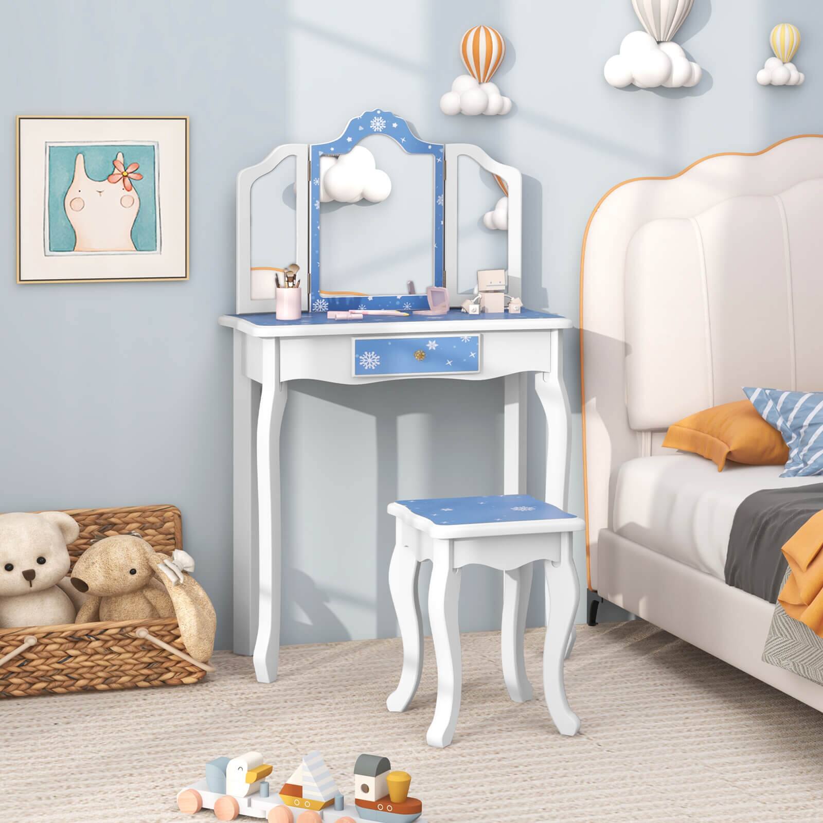 Alt View 1. Costway - Costway Kids Vanity Set Toddler Makeup Table & Stool with Tri-folding Mirror Drawer - Blue.