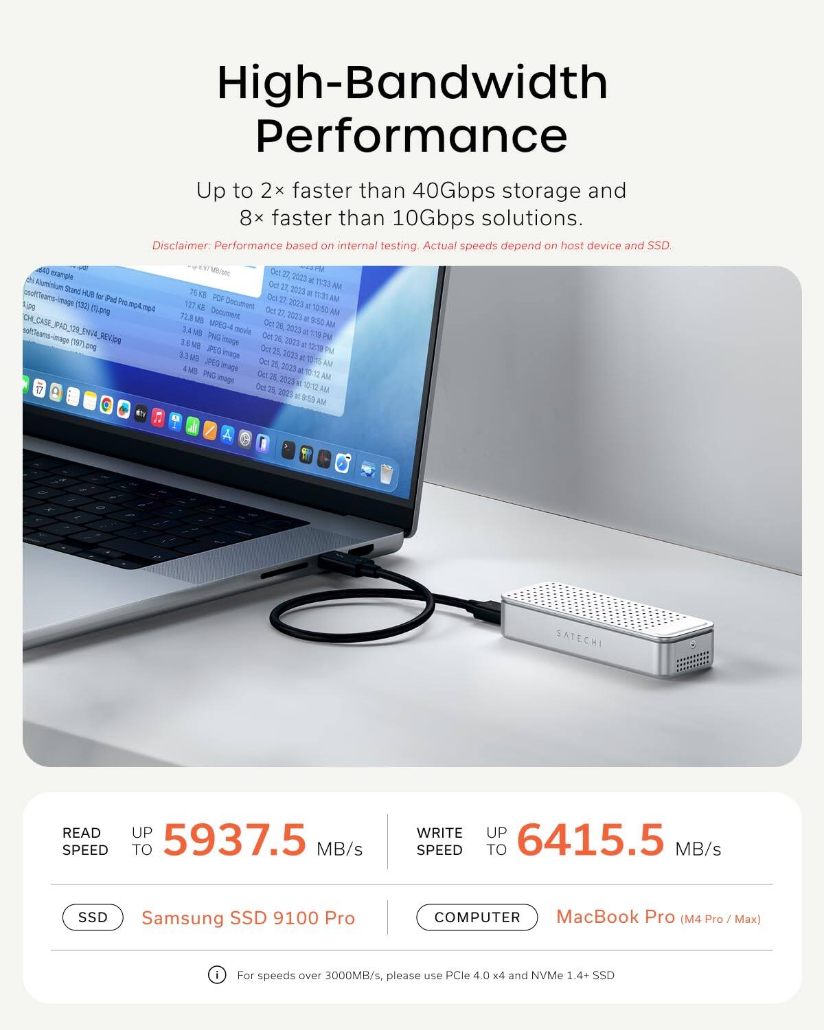 High-Bandwidth Performance  
Up to 2x faster than 40Gbps storage and 8x faster than 10Gbps solutions.  
Disclaimer: Performance based on internal testing. Actual speeds depend on host device and SSD.

READ SPEED UP TO 5937.5 MB/s  
WRITE SPEED UP TO 6415.5 MB/s  

SSD: Samsung SSD 9100 Pro  
COMPUTER: MacBook Pro (M4 Pro / Max)  

For speeds over 3000MB/s, please use PCIe 4.0 x4 and NVMe 1.4+ SSD