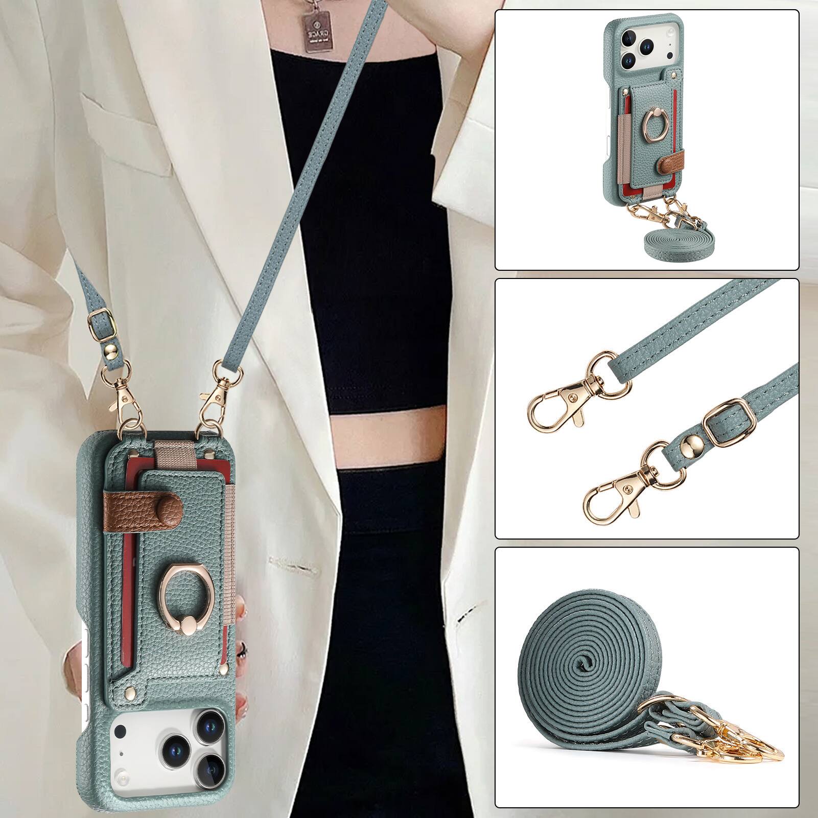 Alt View 4. Dteck - Lychee Texture Wallet Case for Apple iPhone 17 Pro Max with Ring Stand,Crossbody Faux Leather Cover with Card Holder - Blue.