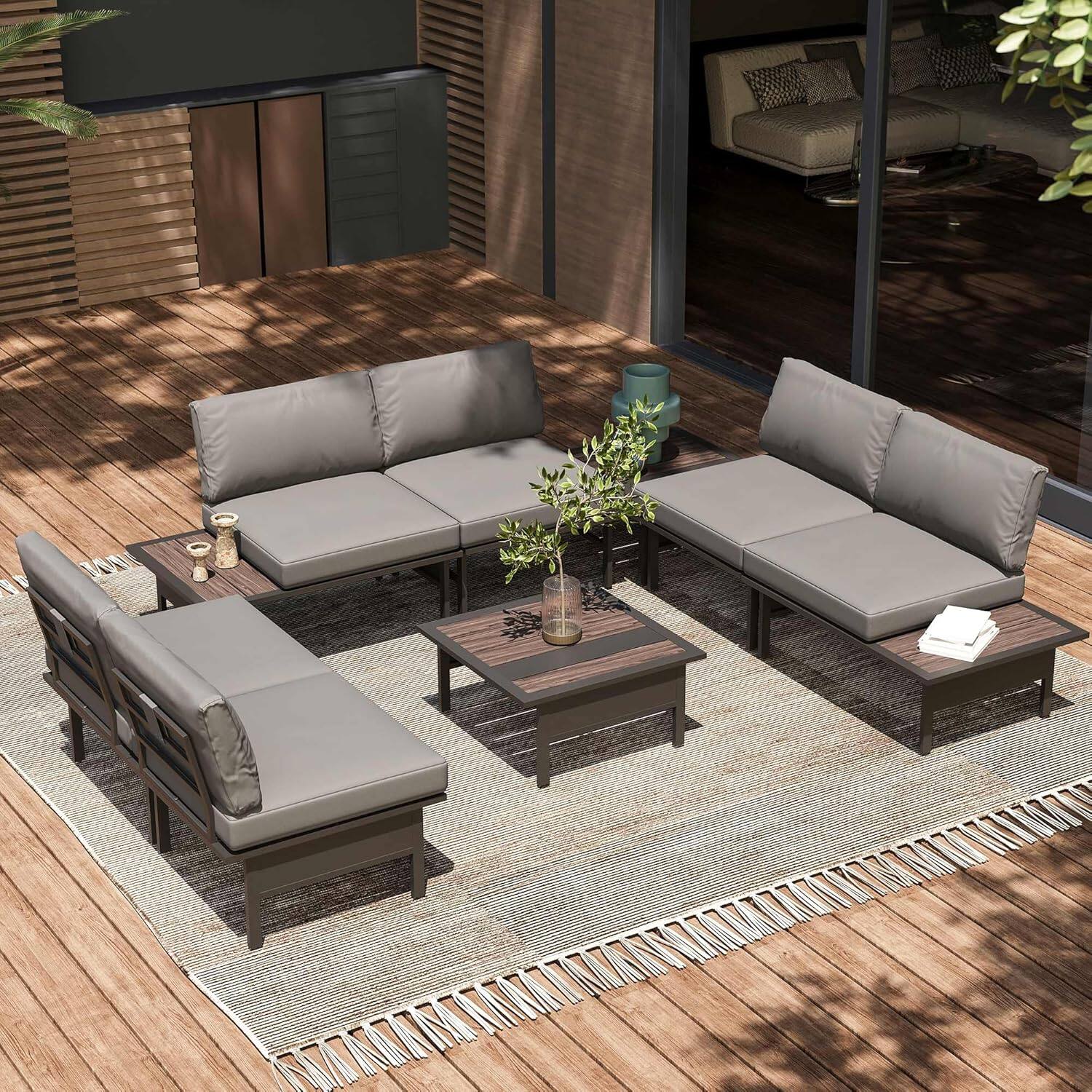 Angle. Yardgrace - 8 Pieces Outdoor Patio Furniture Set, L Shaped Sectional Sofa with Coffee Table and Thickened Cushions for Patio Yard - Grey.