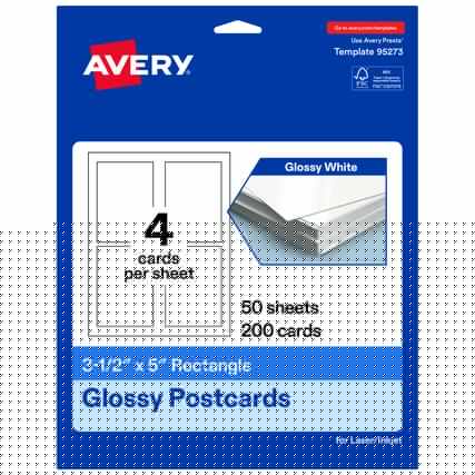 Go to avery.com/templates
Use Avery Presta Template 95273
AVERY
Glossy White
4 cards per sheet
50 sheets 200 cards
3-1/2" x 5" Rectangle
Glossy Postcards for Laser/Inkjet