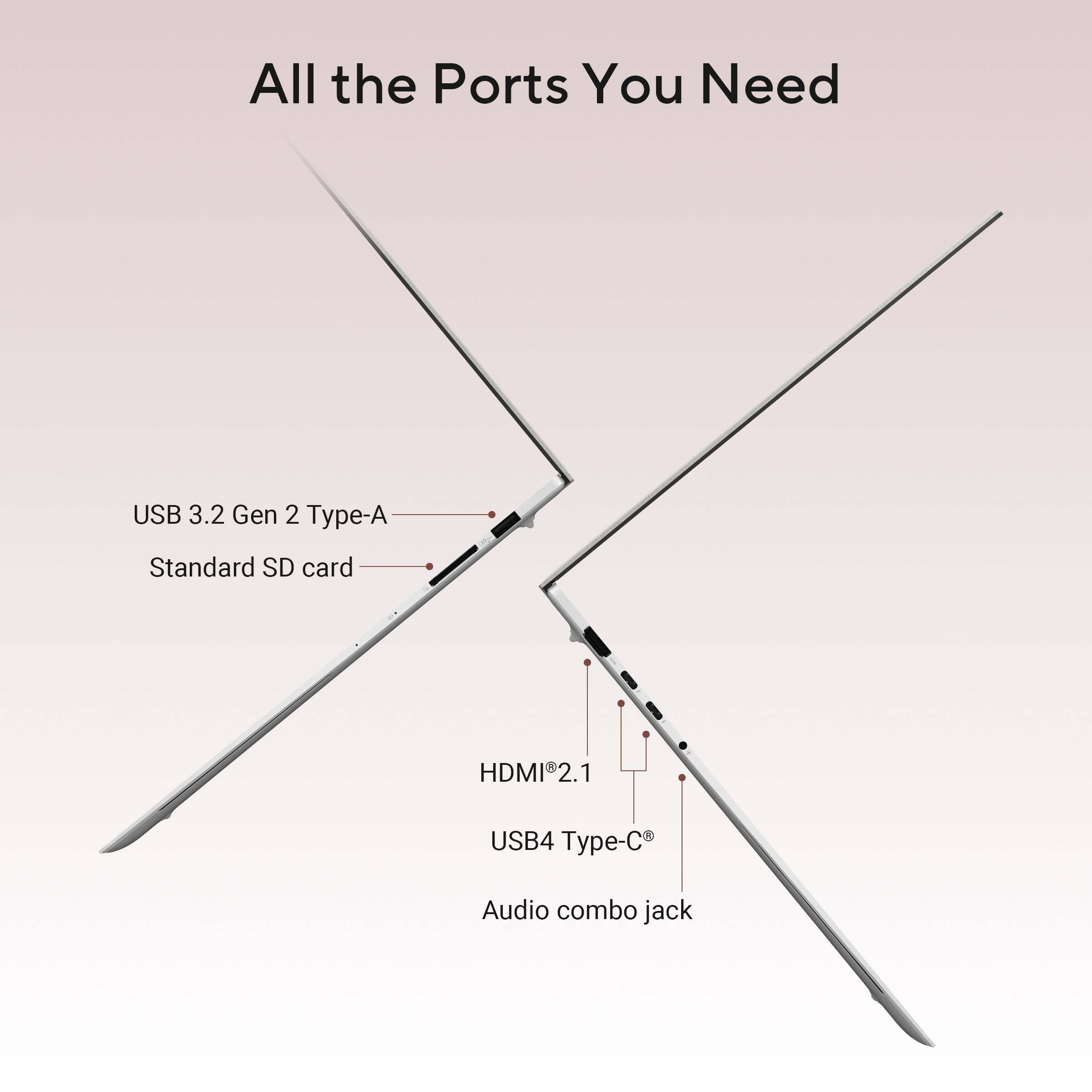 All the Ports You Need

- USB 3.2 Gen 2 Type-A
- Standard SD card
- HDMI 2.1
- USB4 Type-C
- Audio combo jack