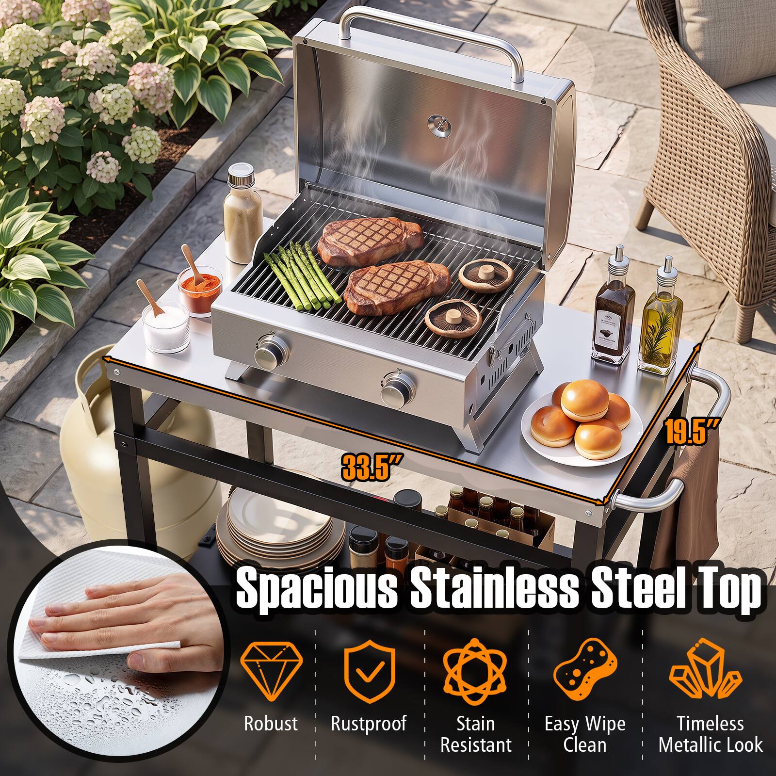 33.5"  
19.5"  
Spacious Stainless Steel Top  
Robust Rustproof Stain Resistant  
Easy Wipe Clean  
Timeless Metallic Look