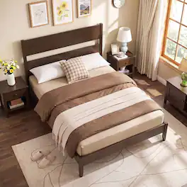 Costway - Full Bed Frame with Headboard, Solid Wood Legs, 12 Slats, No Box Spring Needed - Dark Walnut