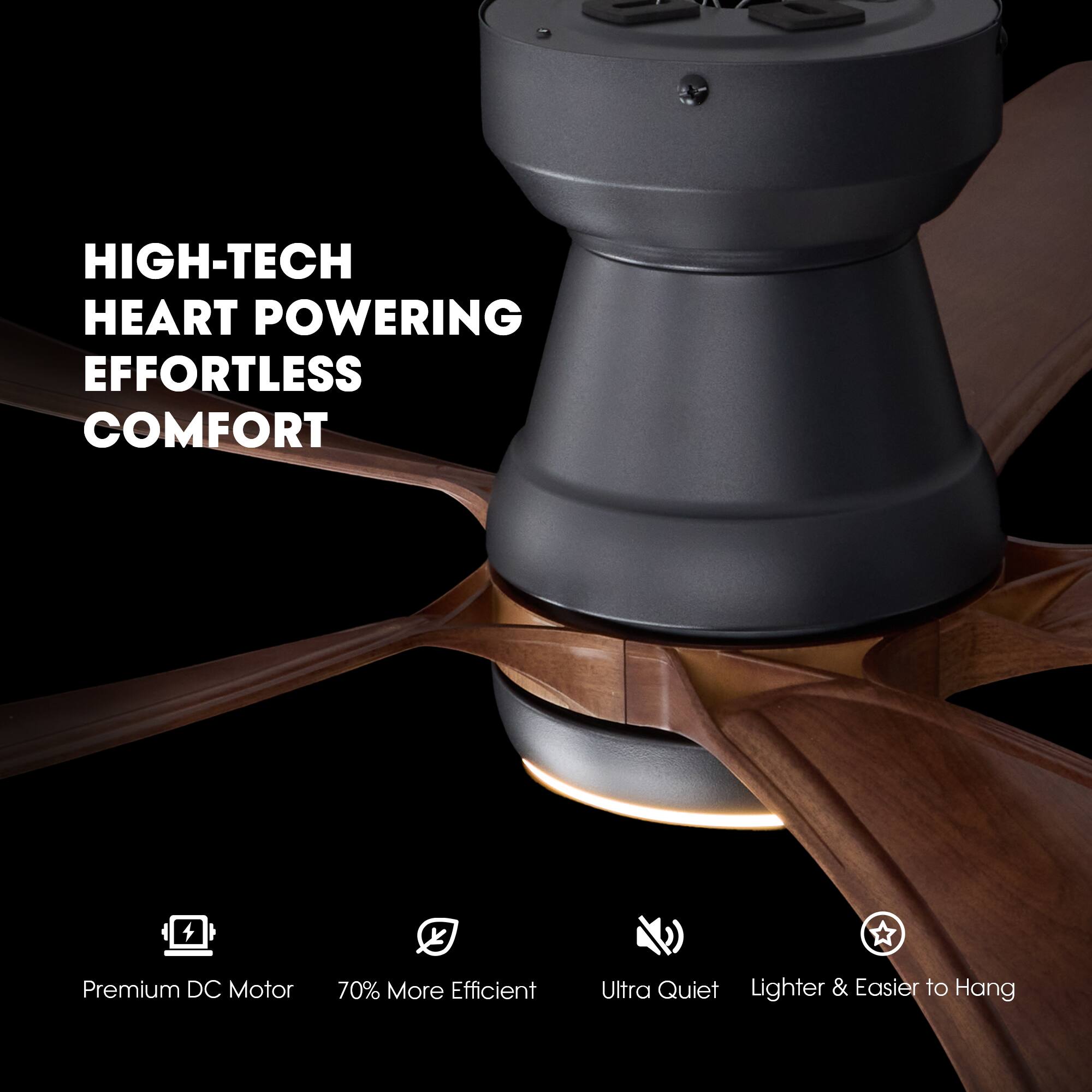 HIGH-TECH HEART POWERING EFFORTLESS COMFORT

- Premium DC Motor
- 70% More Efficient
- Ultra Quiet
- Lighter & Easier to Hang