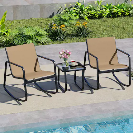 Front. Gymax - Gymax Set of 3 Patio Rocking Set 2 Rocking Bistro Chairs & Glass-Top Table for Porch - Brown.