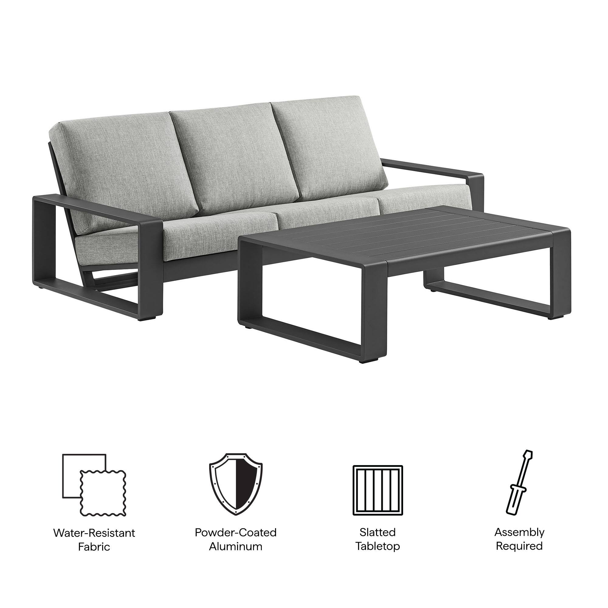 Water-Resistant Fabric, Powder-Coated Aluminum, Slatted Tabletop, Assembly Required