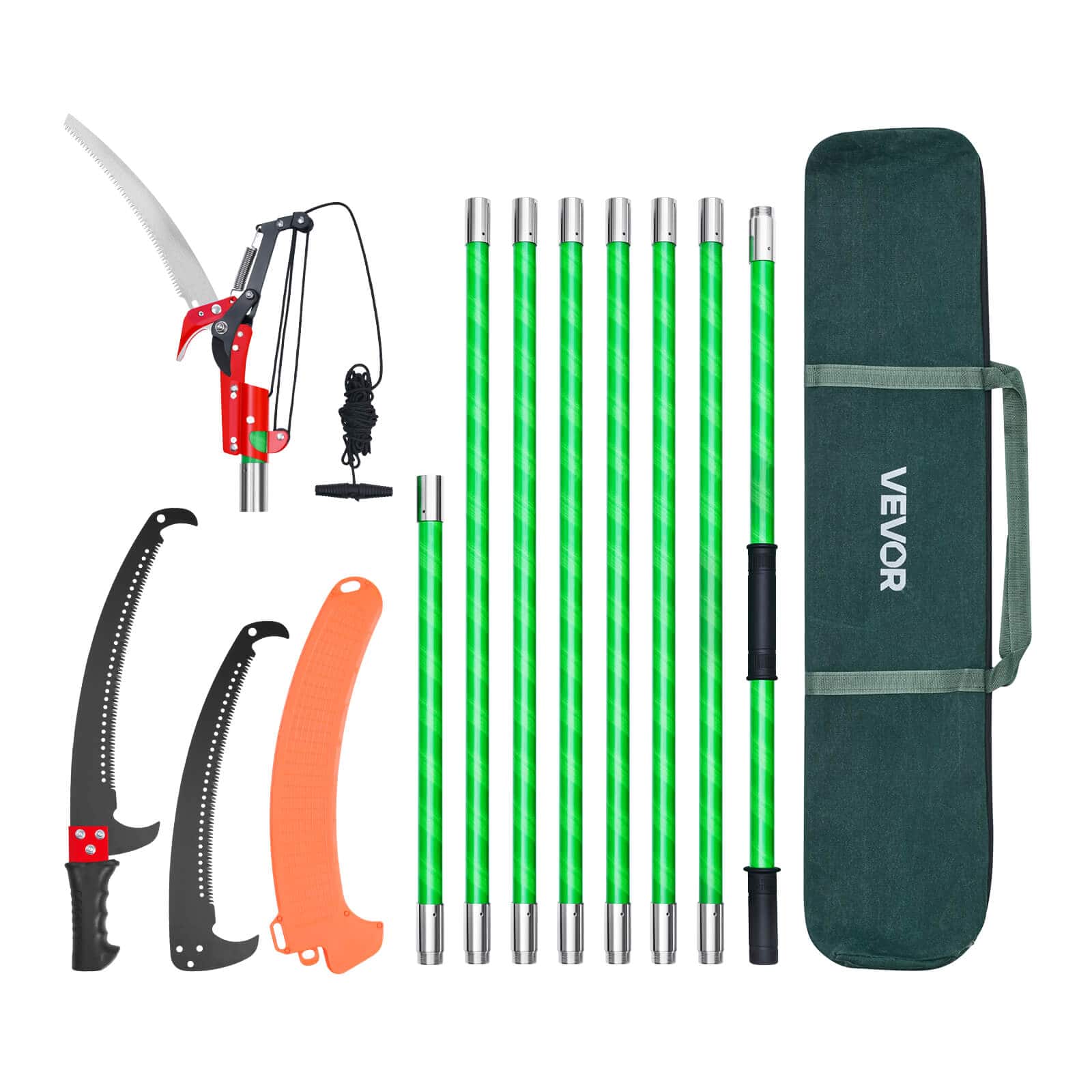 Front. VEVOR - Manual Pole Saw, 3.87-27 ft Extendable Pole Tree Pruner with Scissors, Sharp 65Mn Steel Blade - Green.