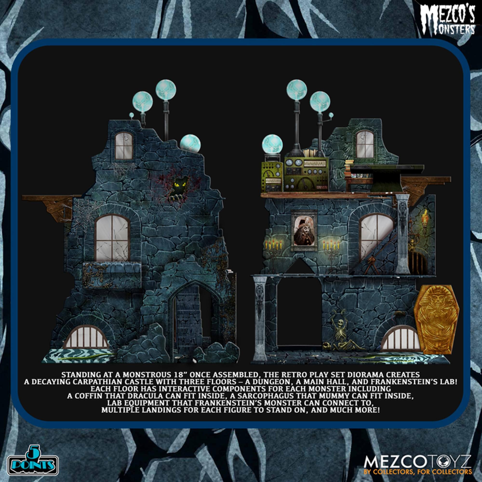MEZCO'S MONSTERS

STANDING AT A MONSTROUS 18" ONCE ASSEMBLED, THE RETRO PLAY SET DIORAMA CREATES A DECAYING CARPATHIAN CASTLE WITH THREE FLOORS - A DUNGEON, A MAIN HALL, AND FRANKENSTEIN'S LAB! EACH FLOOR HAS INTERACTIVE COMPONENTS FOR EACH MONSTER INCLUDING A COFFIN THAT DRACULA CAN FIT INSIDE, A SARCOPHAGUS THAT MUMMY CAN FIT INSIDE, LAB EQUIPMENT THAT FRANKENSTEIN'S MONSTER CAN CONNECT TO, MULTIPLE LANDINGS FOR EACH FIGURE TO STAND ON, AND MUCH MORE!

MEZCOTOYZ BY COLLECTORS, FOR COLLECTORS