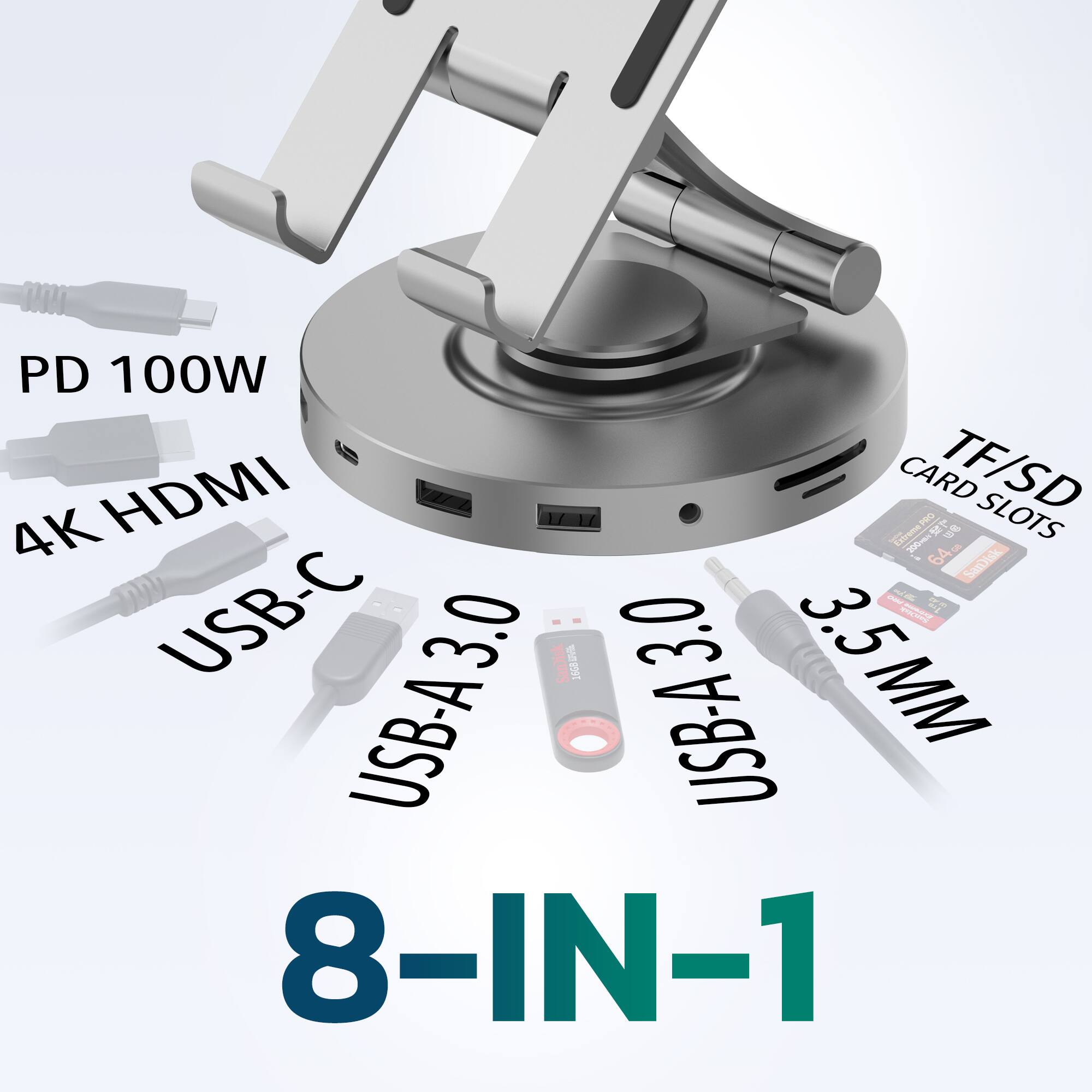 PD 100W  
4K HDMI  
USB-C  
USB-A 3.0  
USB-A 3.0  
3.5 MM  
TF/SD CARD SLOTS  
8-IN-1
